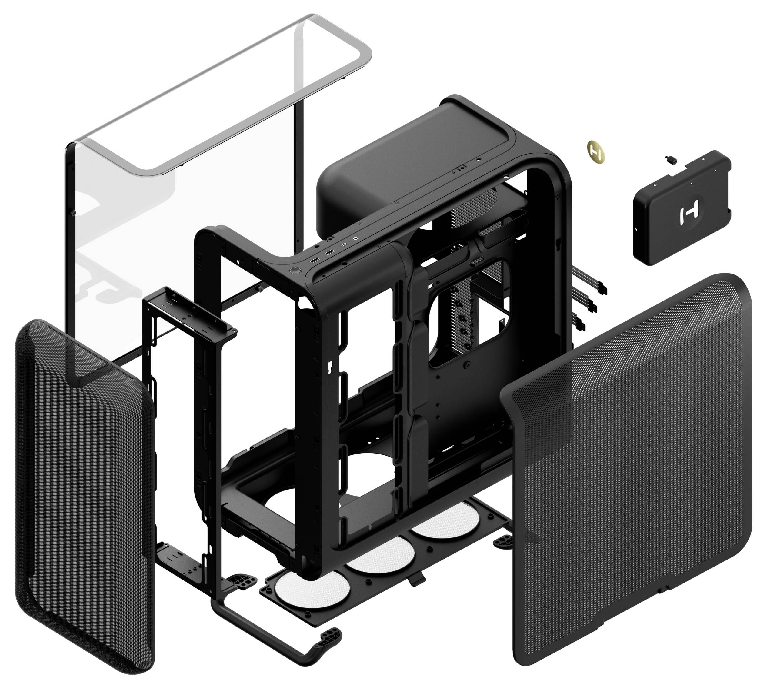 Explodierte Ansicht eines Computergehäuses mit seinen zerlegten Teilen, einschließlich Paneele, Rahmen und Schrauben, die Montagekomponenten veranschaulichen.