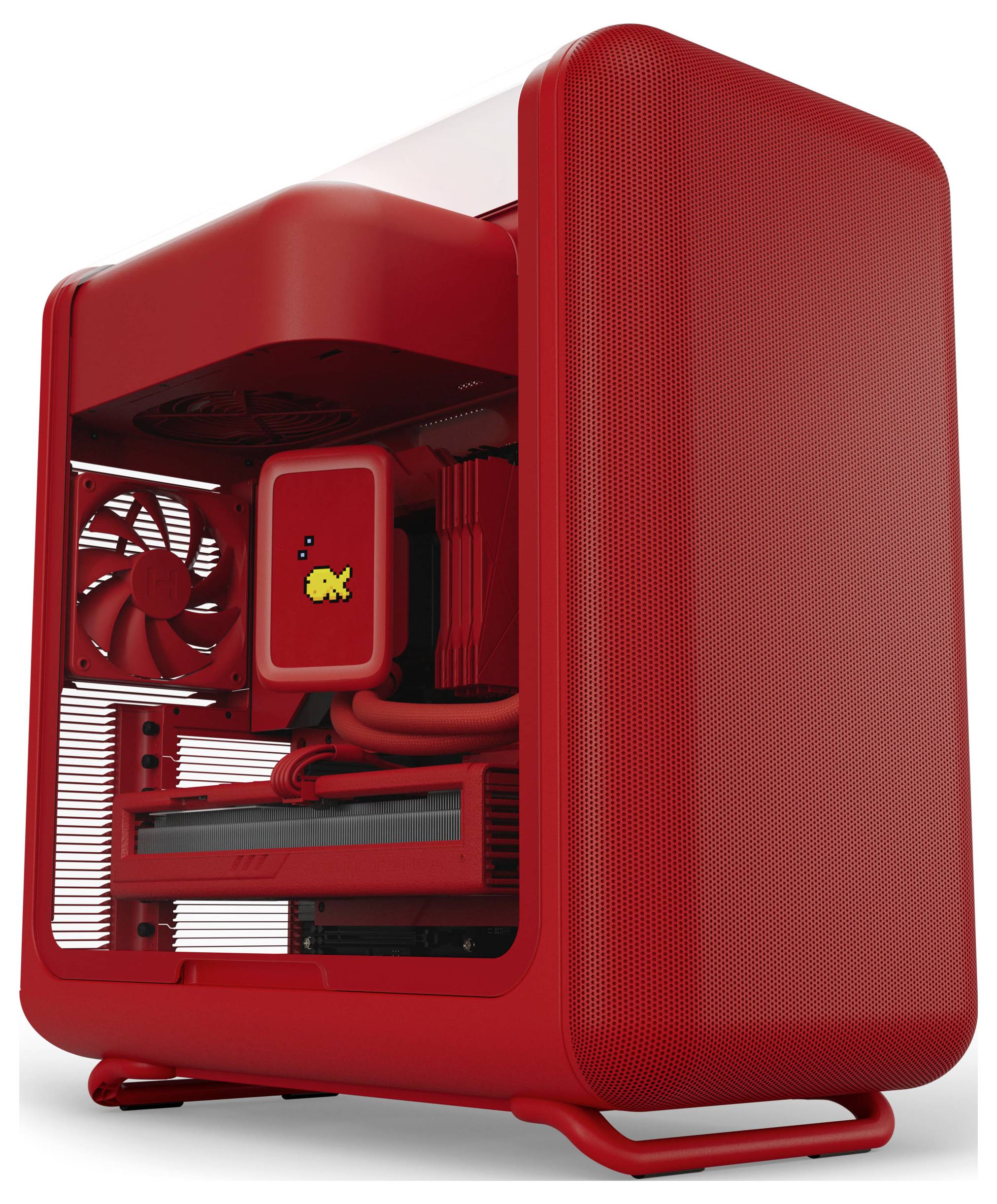 Ein roter Gaming-Computer-Tower mit Frontgitter und sichtbaren Innenkomponenten, einschließlich eines Lüfters und eines CPU-Kühlers.