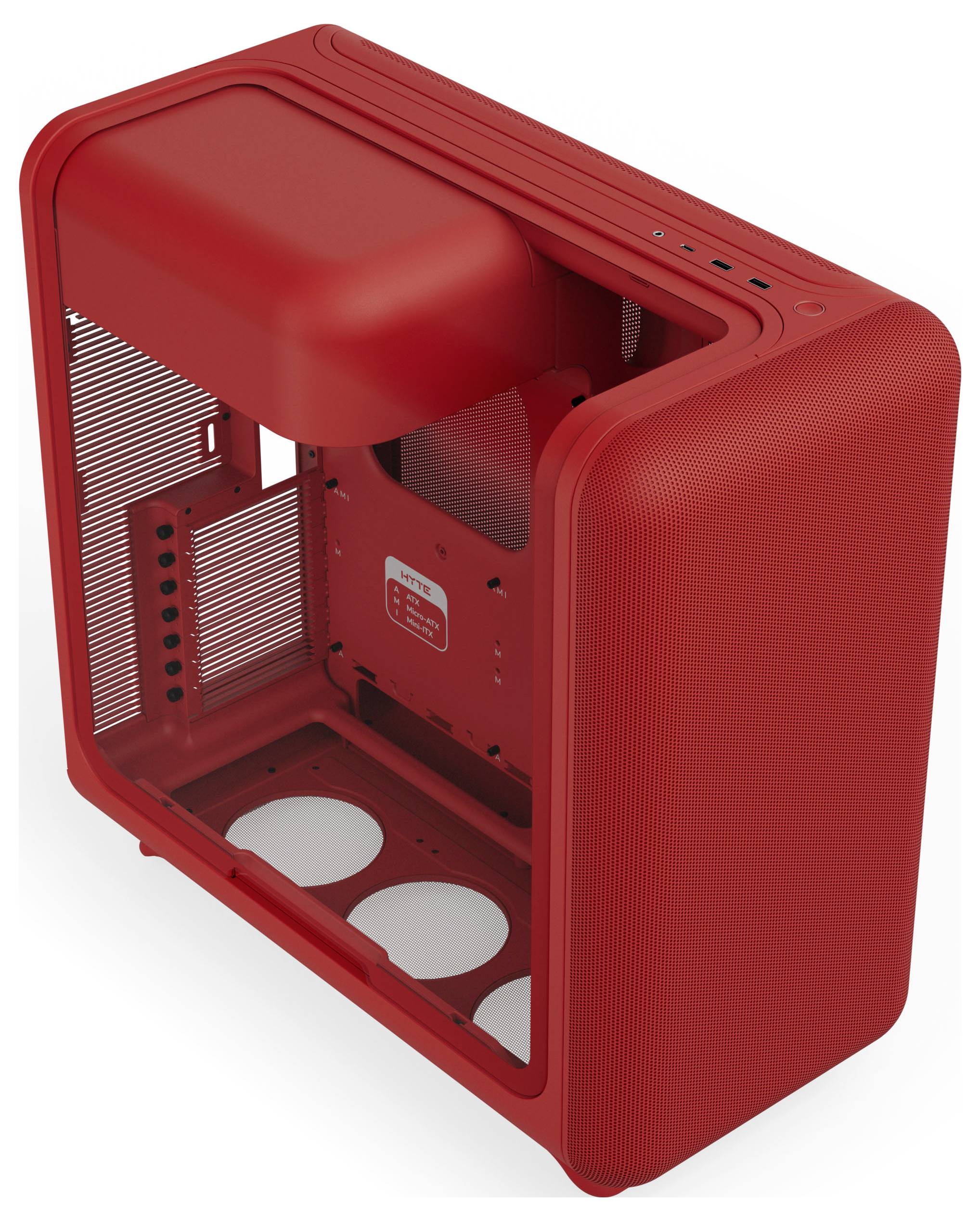 Roter Computergehäuse mit Seitenpanel aus Maschengewebe, oben angebrachten USB-Anschlüssen und Platz für Kühlventilatoren.