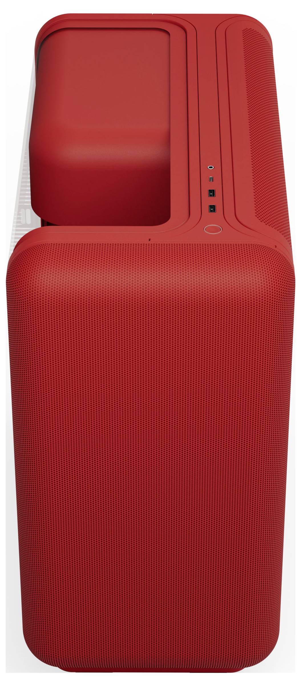 Roter Koffer mit elegantem, modernem Design, ausgestattet mit abgerundeten Kanten und einem dezenten strukturierten Muster, aus der Draufsicht betrachtet.