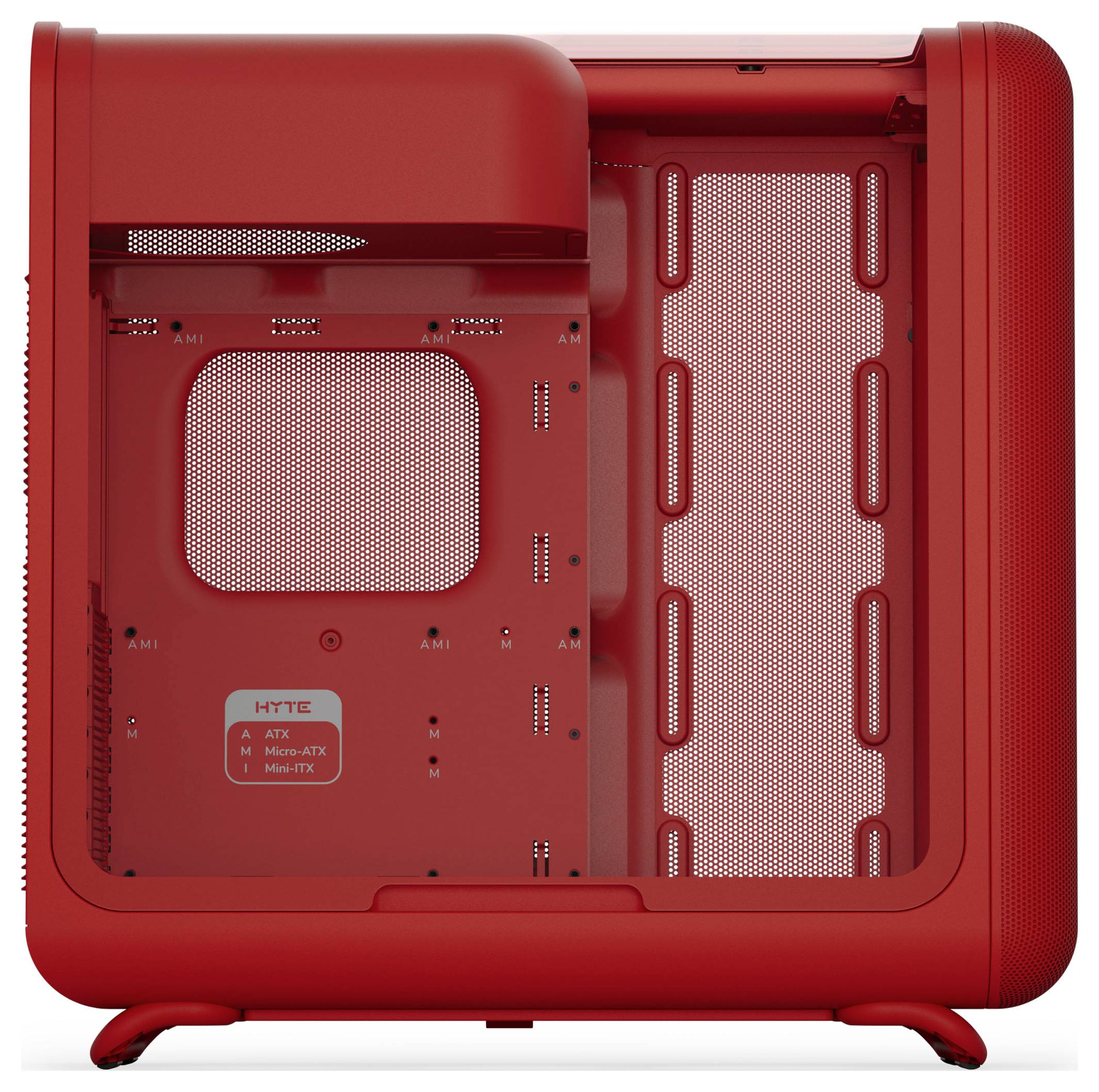 Ein roter, offenseitiger Computergehäuse, der Montagemöglichkeiten für ATX-, Micro-ATX- und Mini-ITX-Mainboards zeigt und den Innenraum hervorhebt.