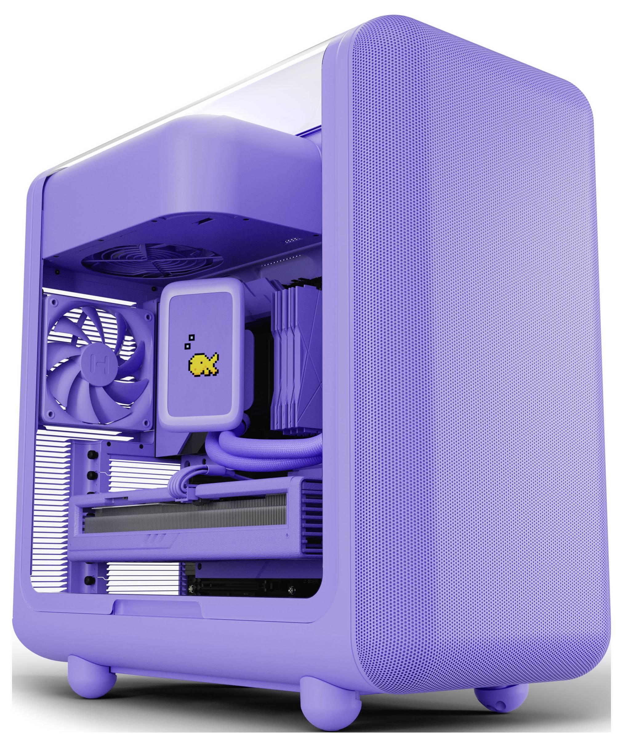 Ein lila Computer-Gehäuse mit transparenten Seiten, das interne Komponenten wie Lüfter und ein leuchtendes Kühlsystem zur Schau stellt, auf weißem Hintergrund.