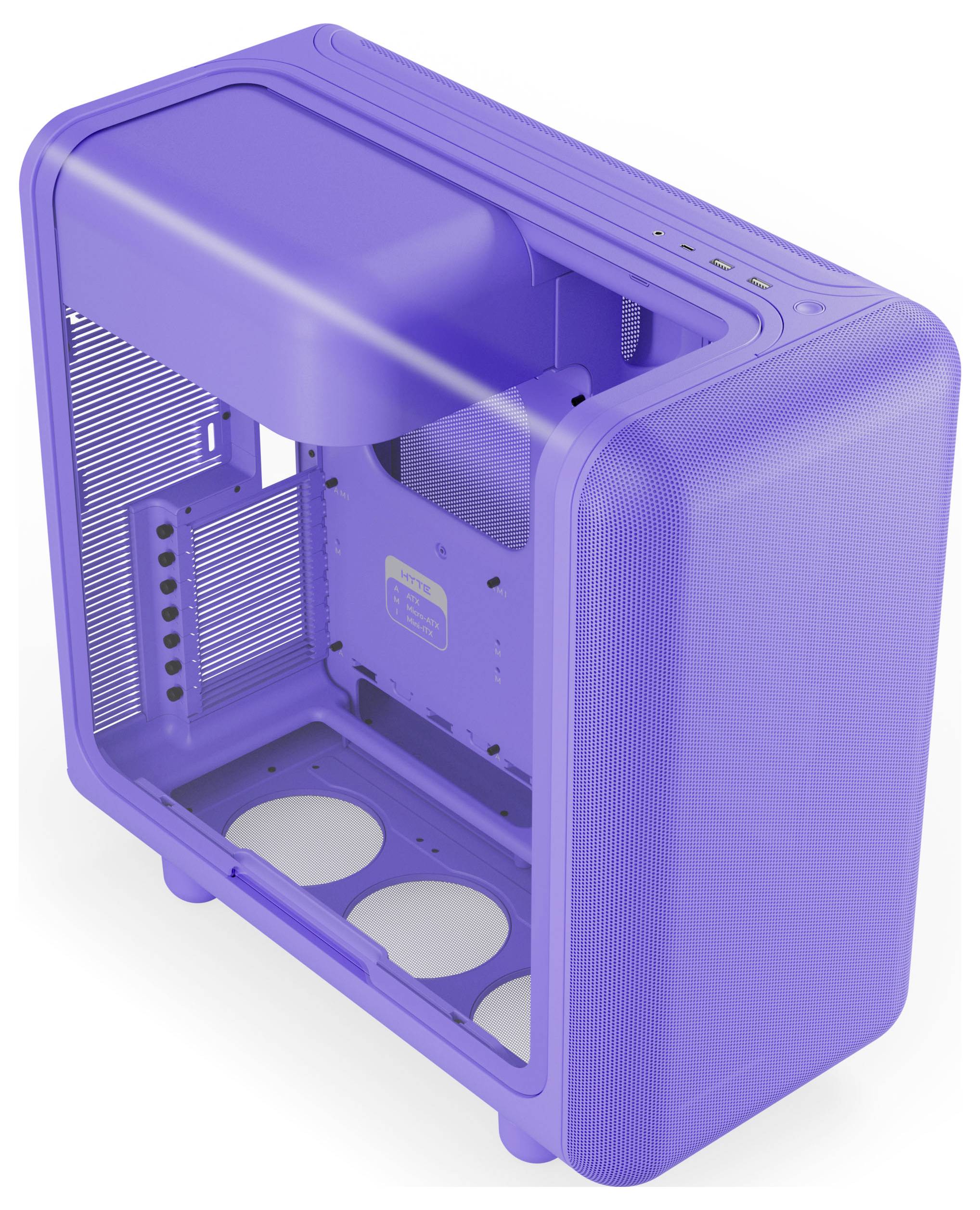 Ein lila Computergehäuse mit einem Mesh-Frontpanel und seitlichen Öffnungen zur Belüftung, entworfen zur Unterbringung von PC-Komponenten.