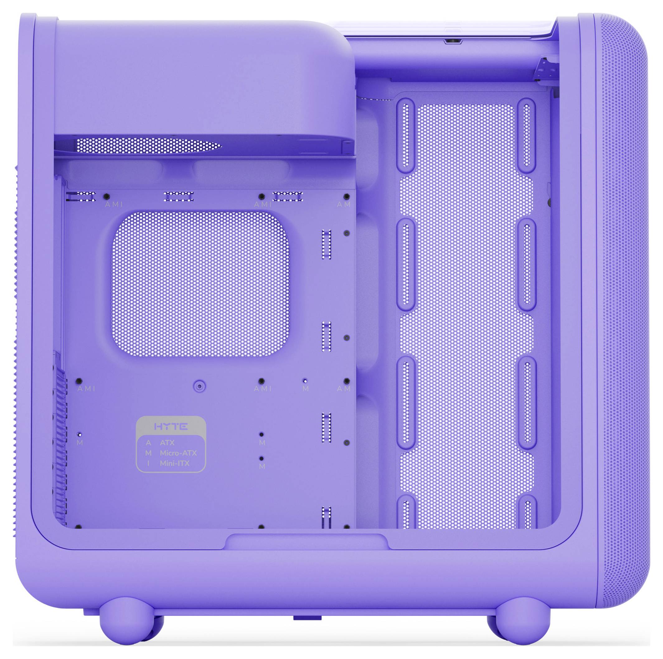 Ein violettes Computergehäuse mit offenem Seitenpanel, das interne Montageschienen und Lüftungsöffnungen zeigt, geeignet zum Zusammenbau eines benutzerdefinierten PCs.