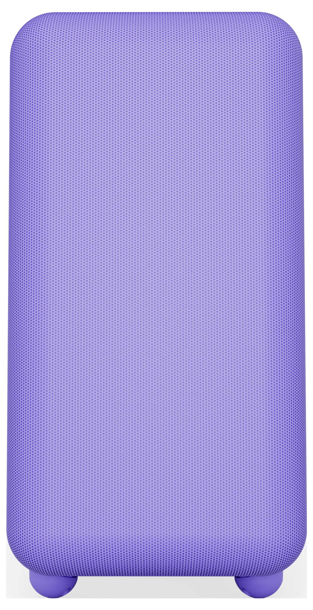 Ein großer, rechteckiger Lautsprecher mit einer hellvioletten Netzabdeckung, der aufrecht auf einer ebenen Fläche steht.
