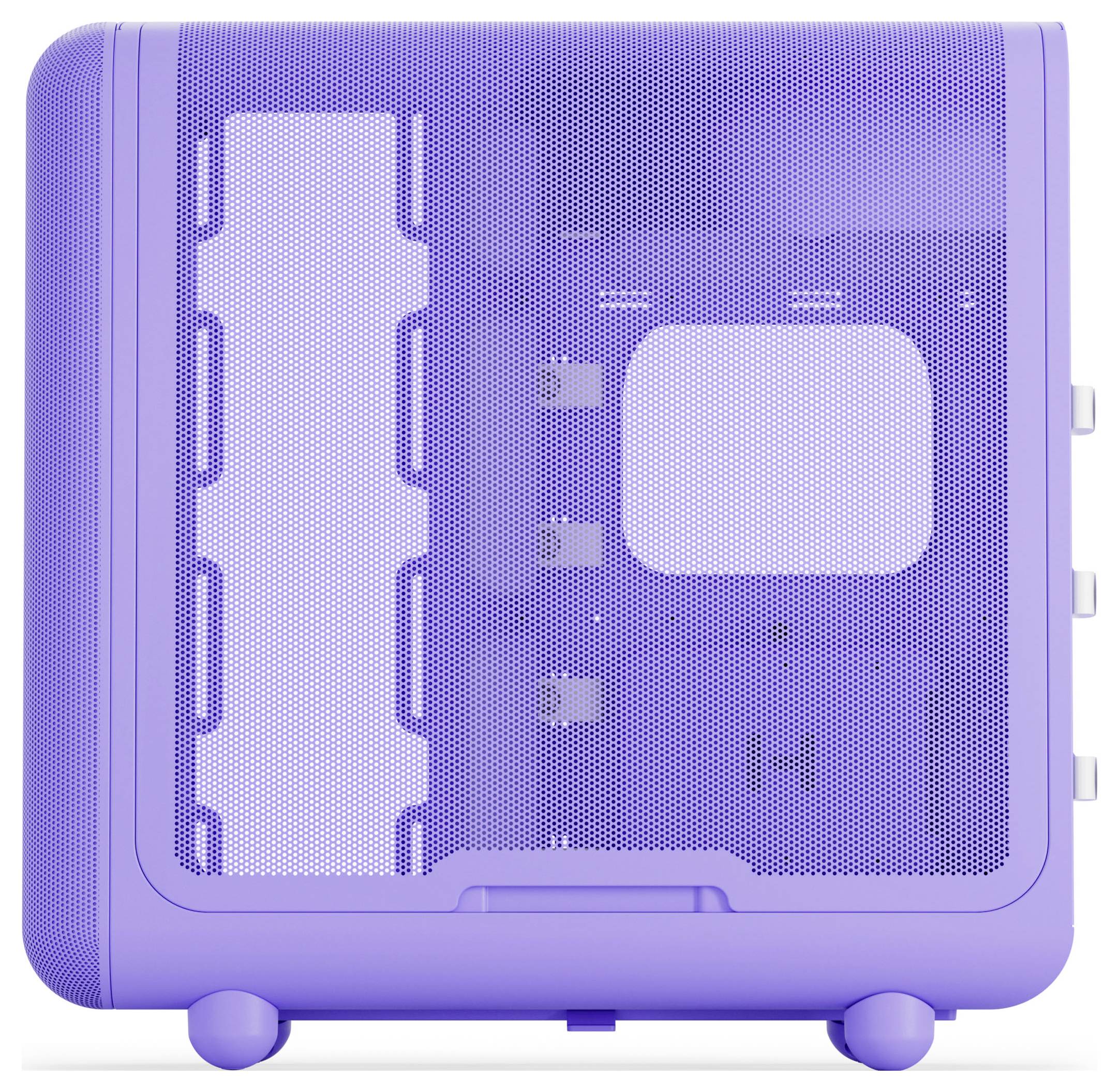 Ein lila Computergehäuse mit transparentem Mesh-Seitenpanel, das mehrere Festplattenschächte und Erweiterungssteckplätze zur Schau stellt. Keine Komponenten installiert.