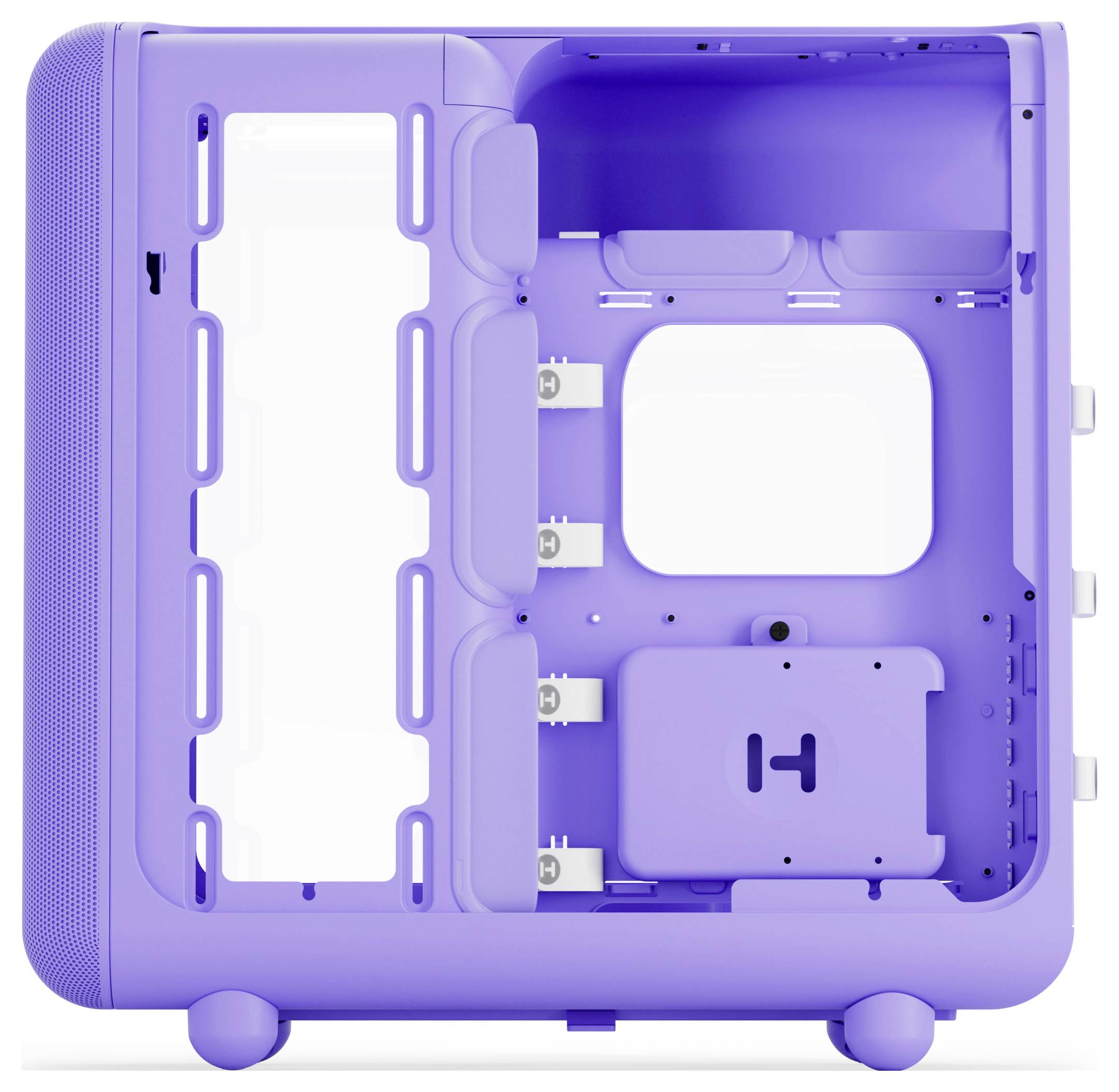 Ein violettes Computergehäuse auf seiner Seite mit offenem Inneren, das Laufwerkschächte, Befestigungshalterungen und ein Lochstrahlenmuster auf dem äußeren Bedienfeld zeigt.
