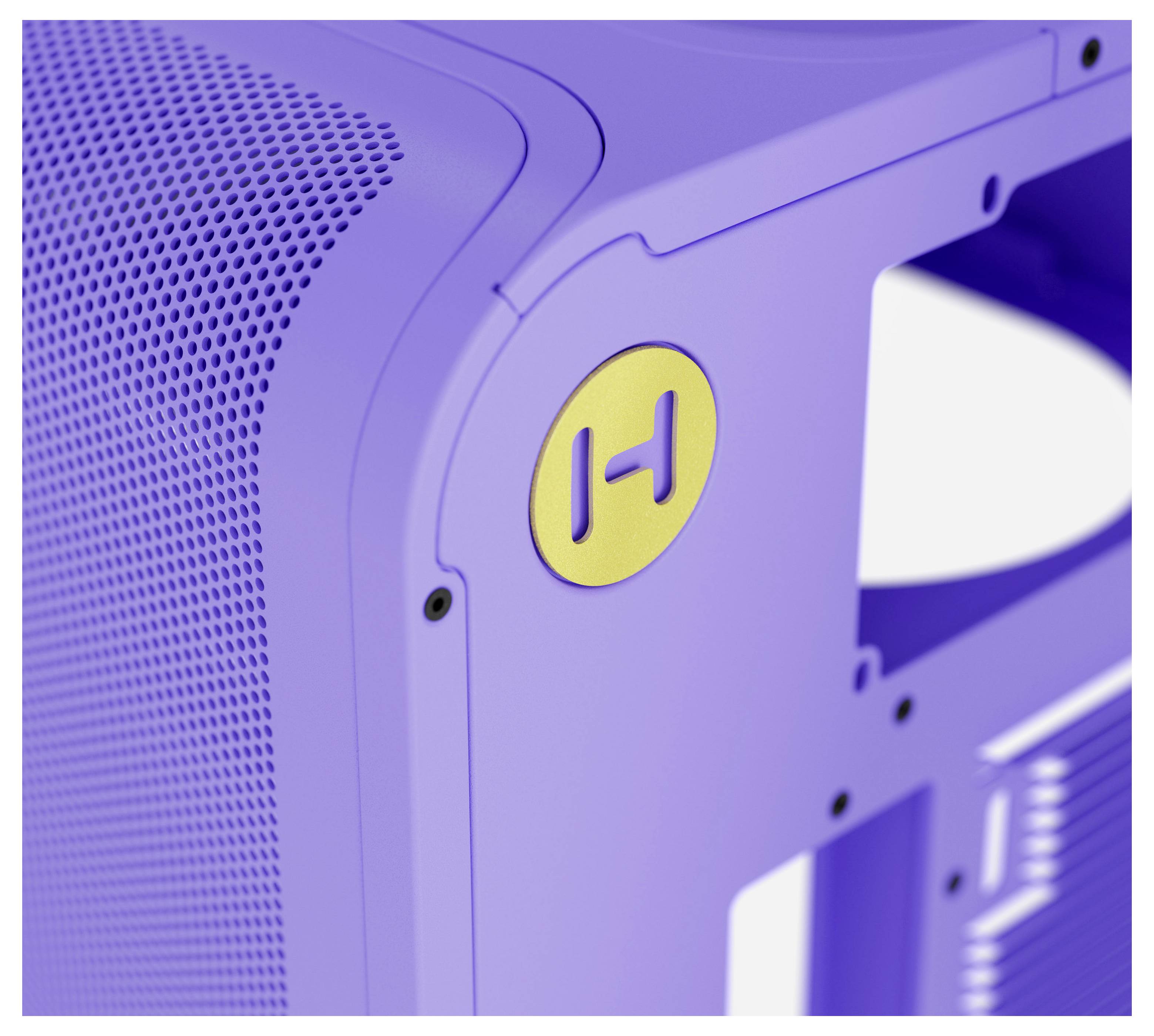 Nahaufnahme eines lila Computergehäuses mit einem gelben Kreislogo mit dem Buchstaben „H