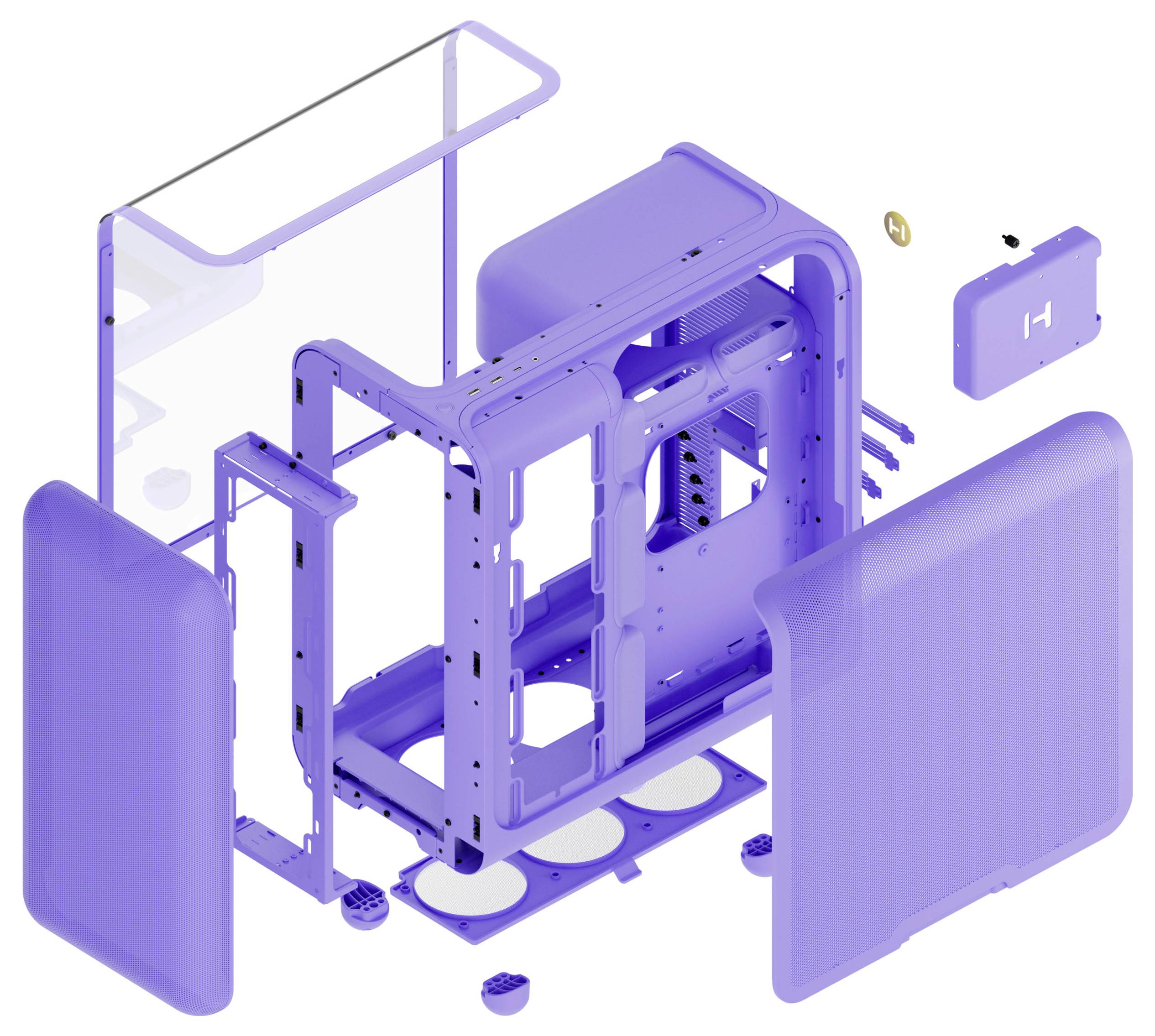 3D-Explosionsdarstellung eines lila Computergehäuses mit zerlegten Paneelen, Rahmen und Komponenten.