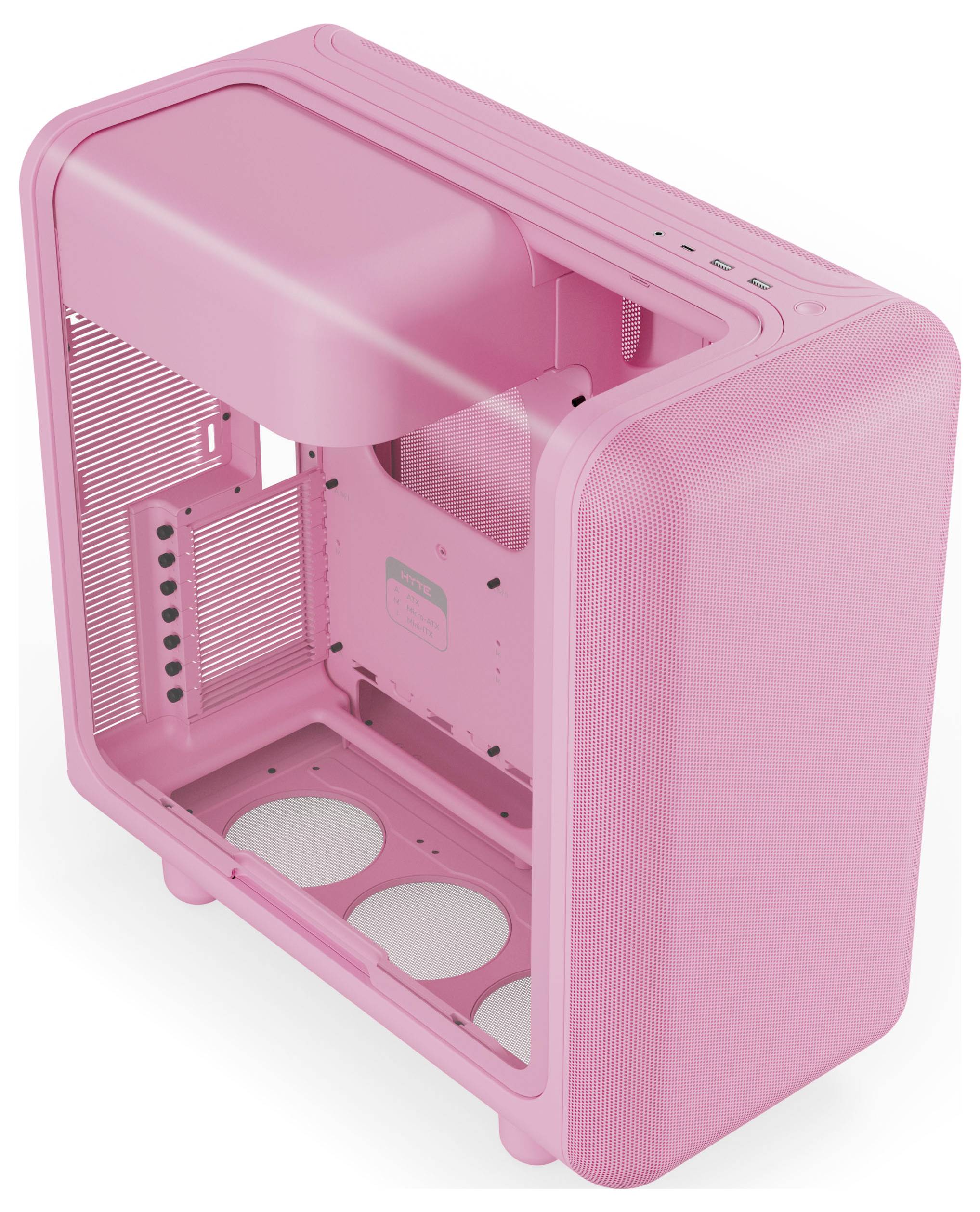 Ein rosa Computergehäuse mit offener Seite, das Platz für Komponenten und mehrere Lüfterplätze zeigt, um Anpassungsfähigkeit und Kühlungseffizienz zu ermöglichen.