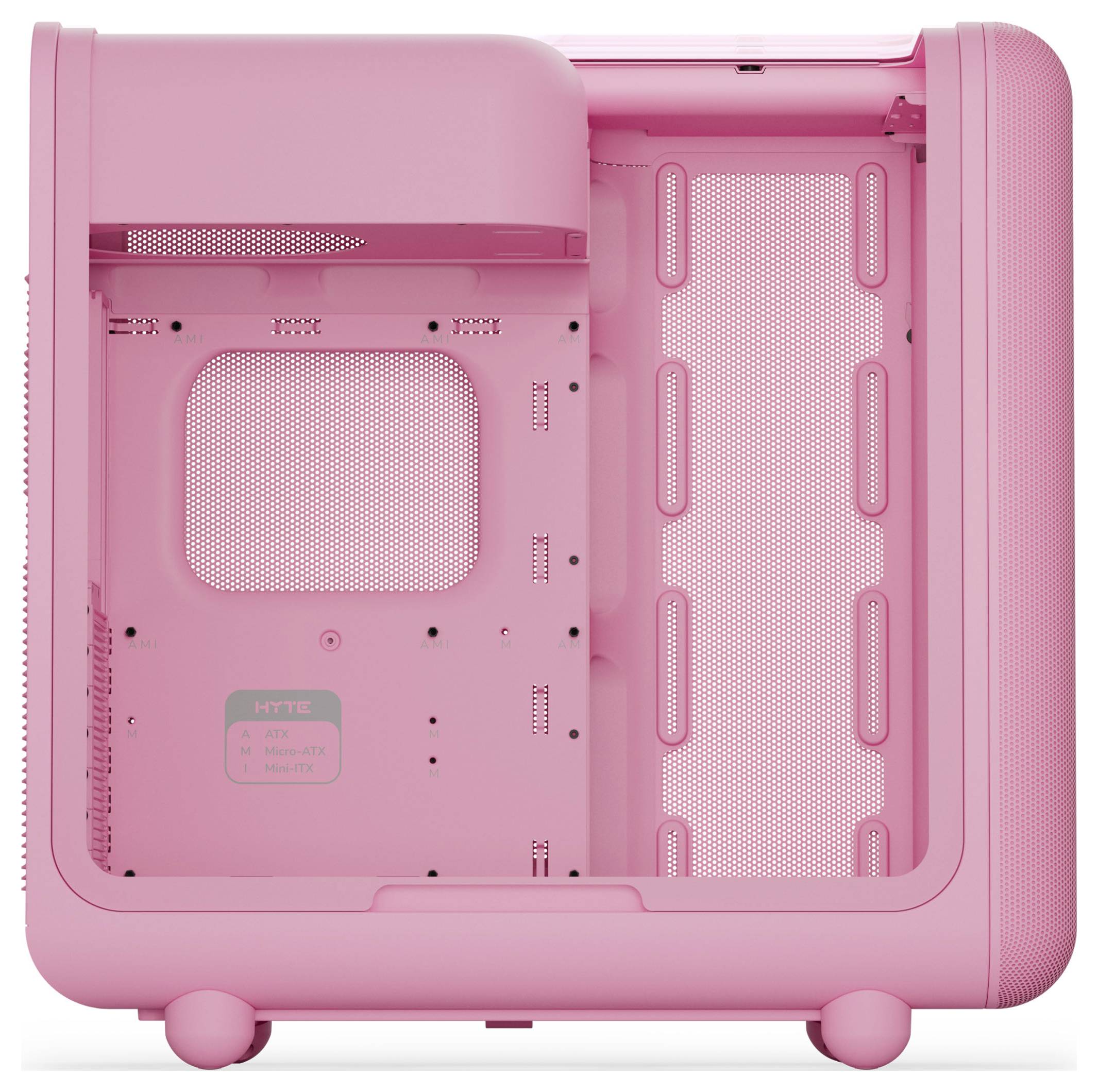 Ein rosa PC-Gehäuse mit großzügigem Innenraum, Netzseiten-Panel und gewölbten Kanten, entwickelt um Computer-Komponenten ohne sichtbare Hardware zu beherbergen.