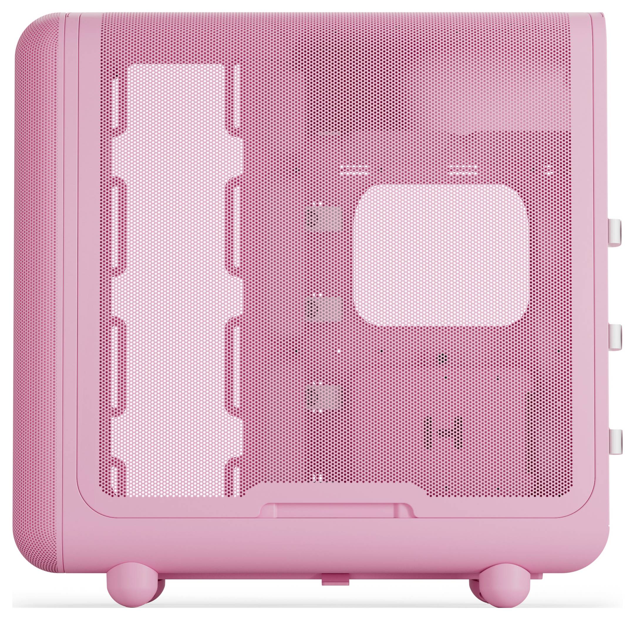 Ein rosa Computergehäuse mit einem Mesh-Seitenpaneel, Belüftung und mehreren sichtbaren Laufwerkschächten.