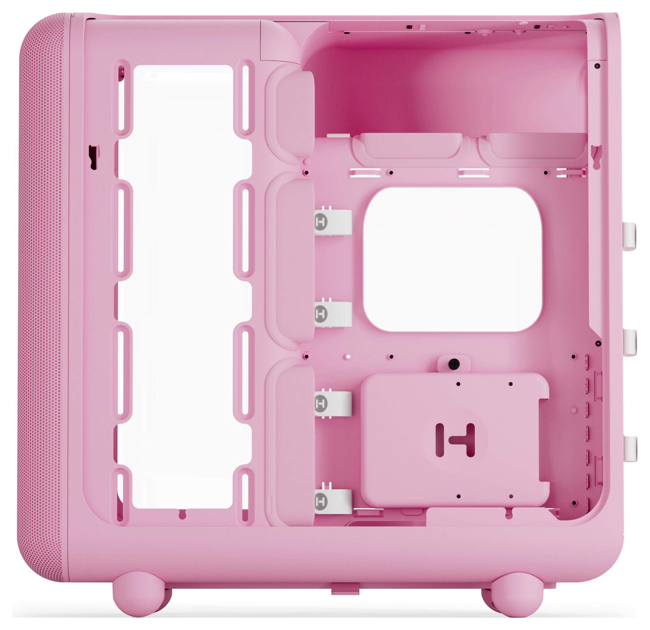 Rosa Computergehäuse mit abgerundeten Kanten und mehreren Fächern für Komponenten. Verfügt über ein transparentes Seitenpanel und Kabelmanagement-Schlitze.