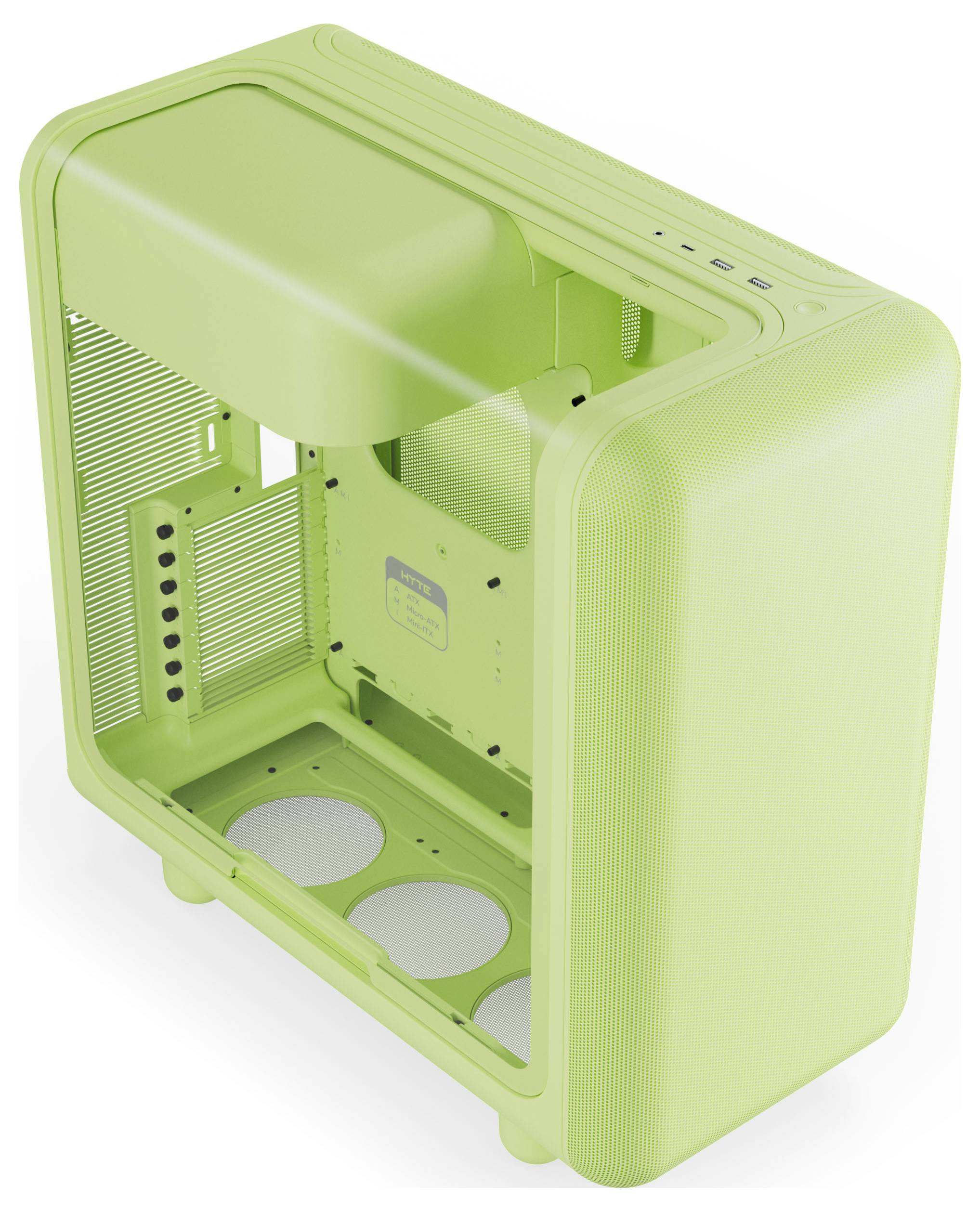 Ein hellgrünes Computergehäuse mit einem Meshfront-Panel und abgerundeten Kanten, das die internen Halterungen für Komponenten und Bedienelemente an der Oberseite zeigt.