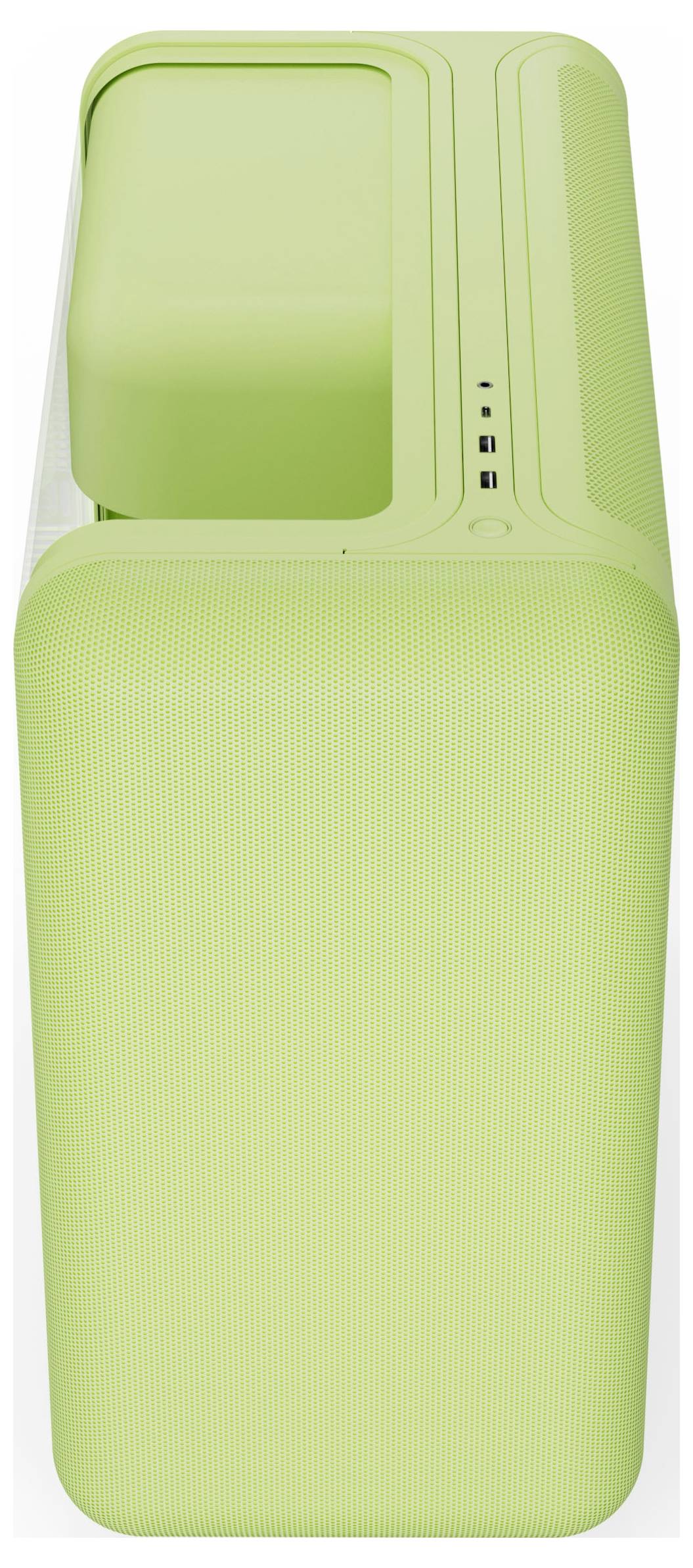 Ein grüner Computergehäuse mit einem schlanken, modernen Design, mit mehreren USB-Anschlüssen auf der vorderen oberen Kante.