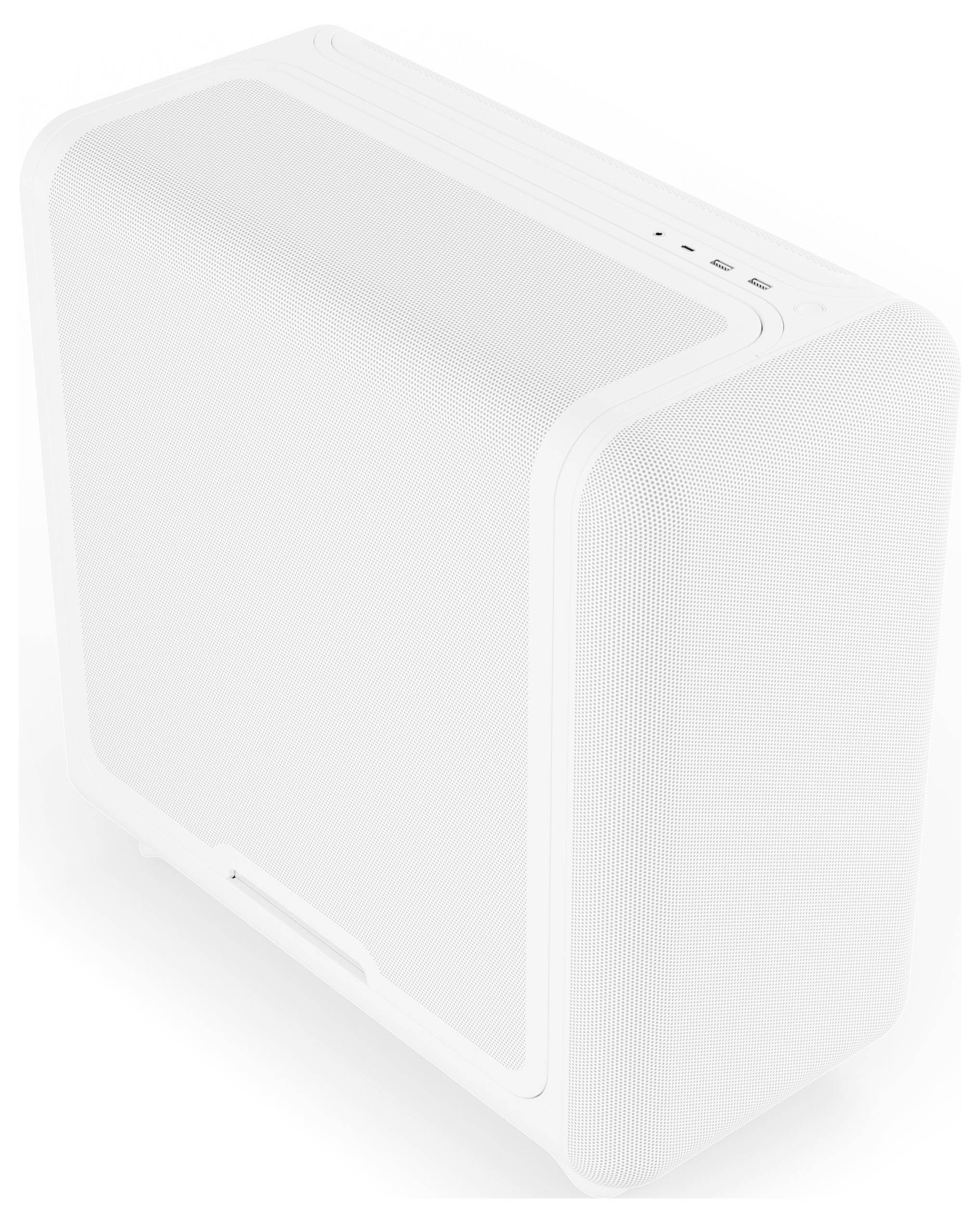 Ein weißes Computergehäuse mit abgerundeten Kanten, das ein glattes, minimalistisches Design und mehrere Anschlüsse auf der Oberseite aufweist.