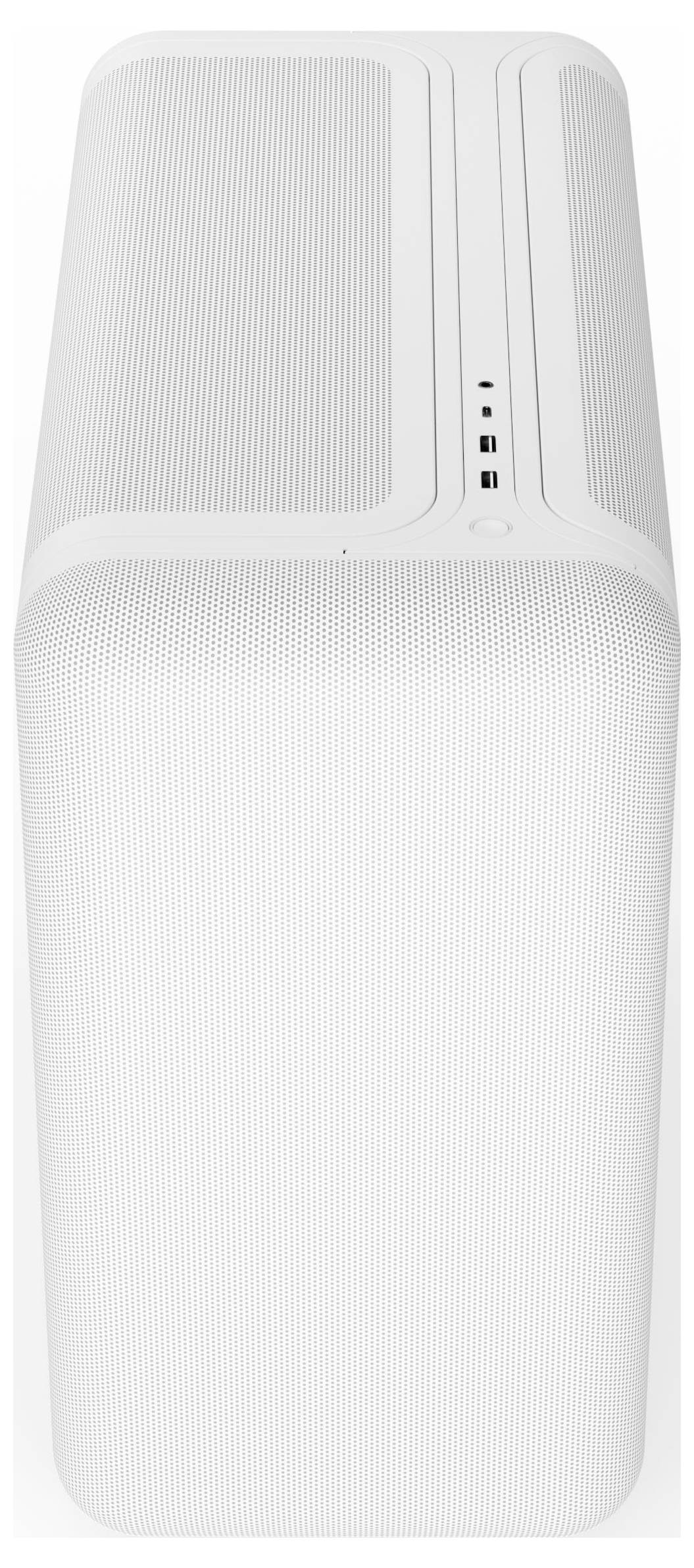 Ein weißes elektronisches Gerät mit minimalistischem Design, das Lüftungsschlitze sowie mehrere Tasten und Anschlüsse auf seiner Oberfläche aufweist.