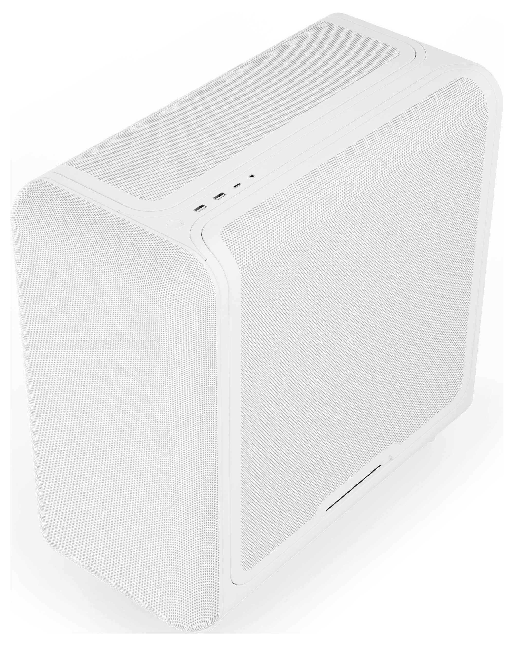 Ein weißer rechteckiger Lautsprecher mit elegantem Design, von einem schrägen Winkel aus gezeigt, mit mehreren kleinen Bedienungselementen am oberen Rand.
