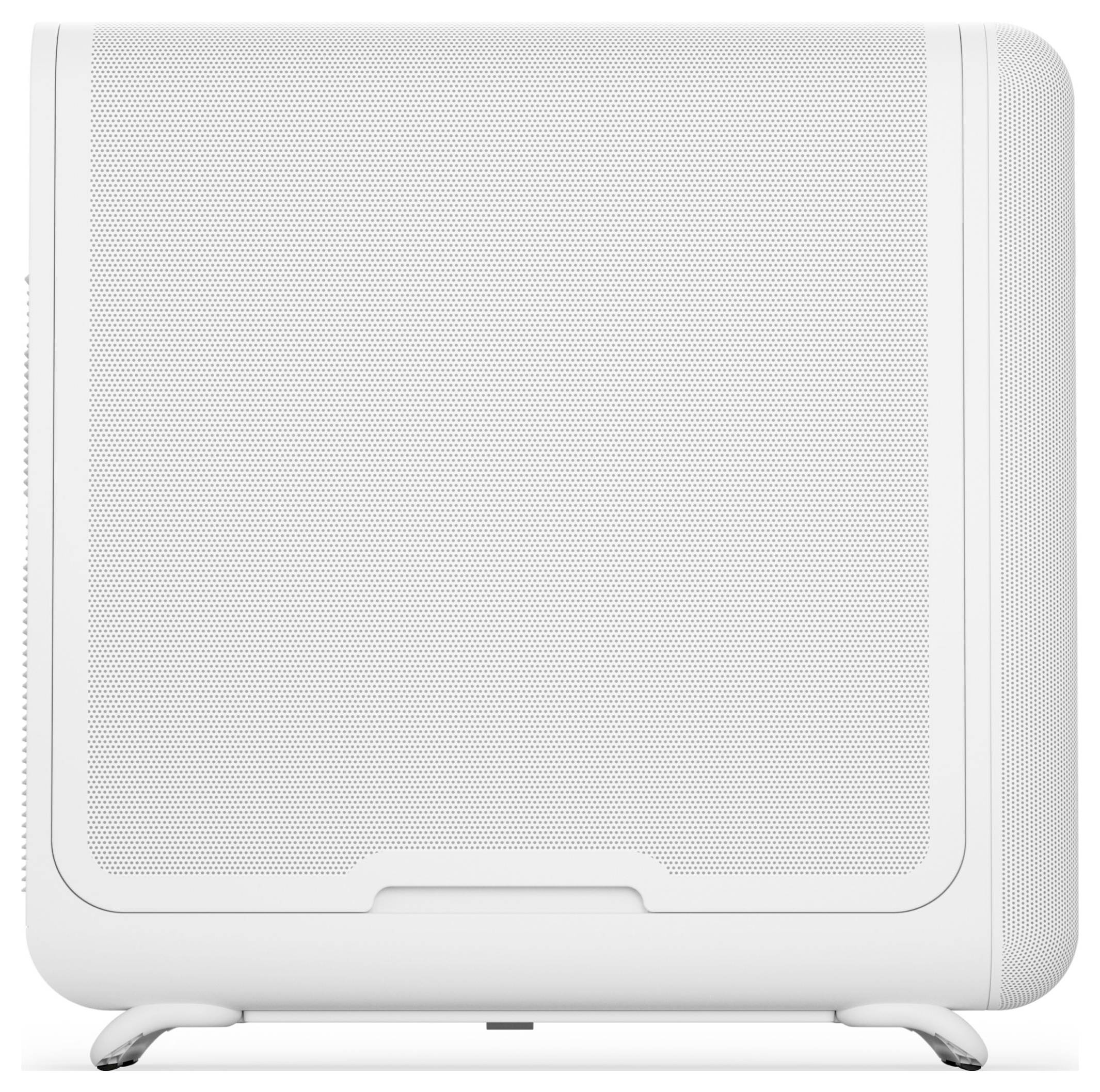 Weißer tragbarer Lautsprecher mit minimalistischem Design, ausgestattet mit einem vorderen Gittergehäuse und abgerundeten Kanten, der auf zwei kleinen Füßen steht.