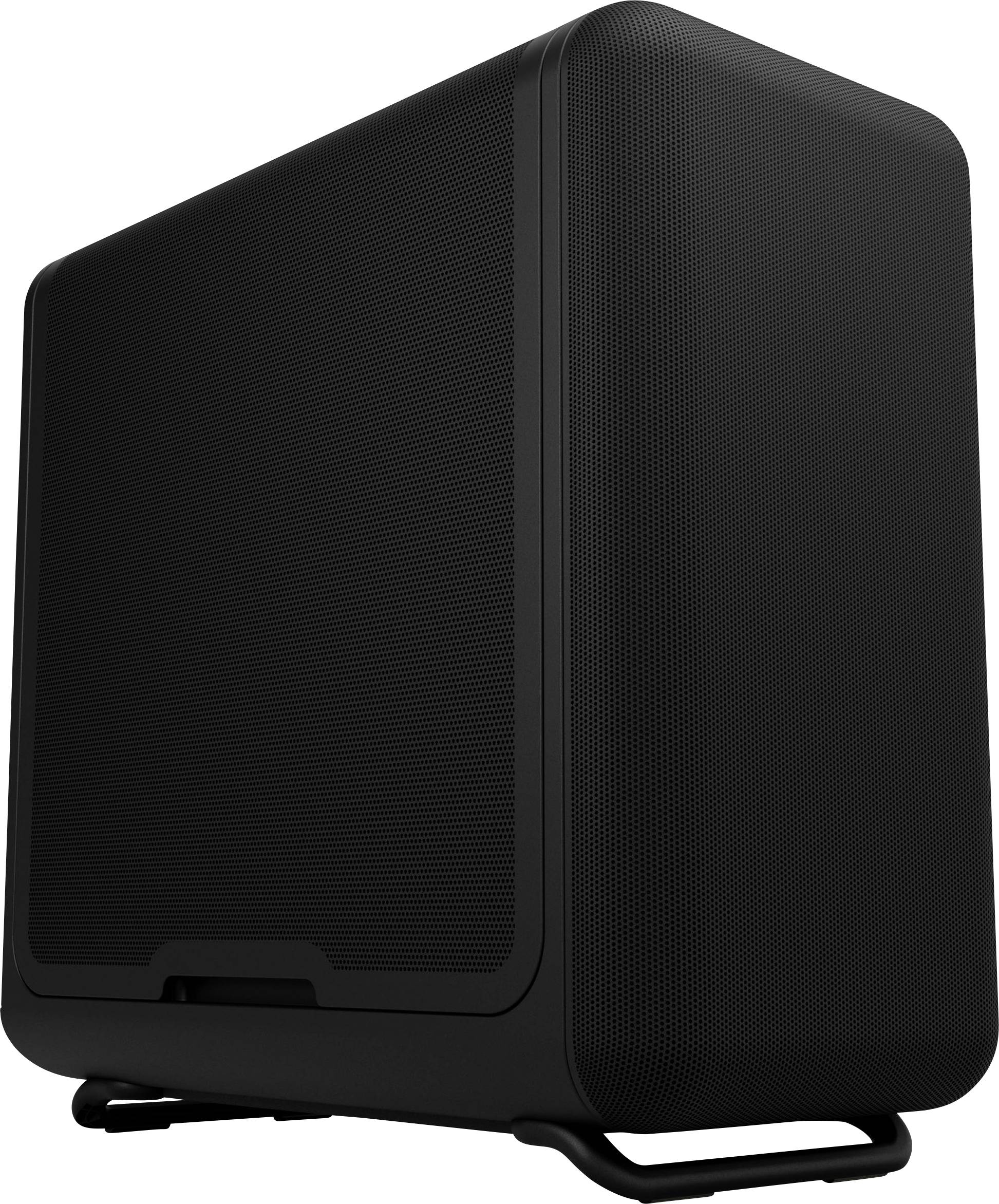 Ein schlanker, schwarzer, moderner Computer-Tower mit abgerundeten Kanten, der auf einem Ständer mit minimalistischem Design steht.