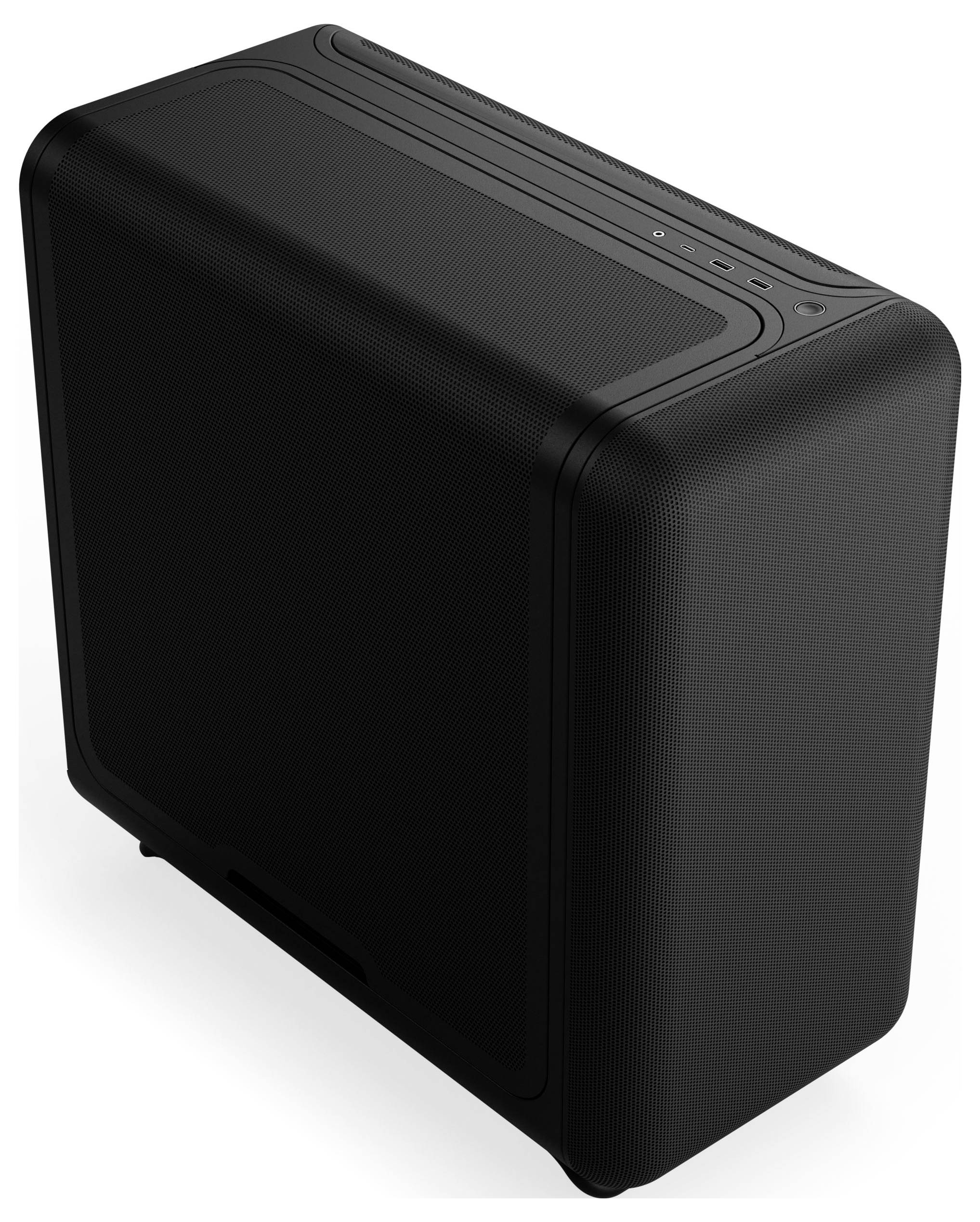 Ein schlanker, schwarzer Computer-Tower mit minimalistischem Design, der eine strukturierte Oberfläche und subtile vorderseitig angebrachte Anschlüsse aufweist.