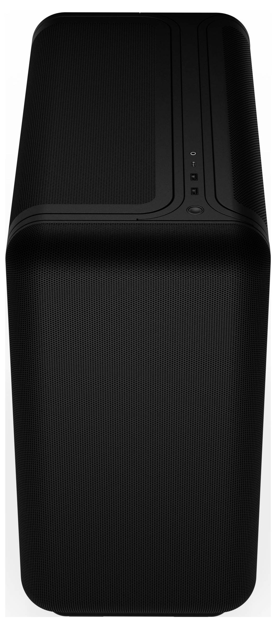 Ein schlanker, schwarzer Computerturm von oben betrachtet, mit sichtbaren vorderen Lüftungsöffnungen und Steuertasten.