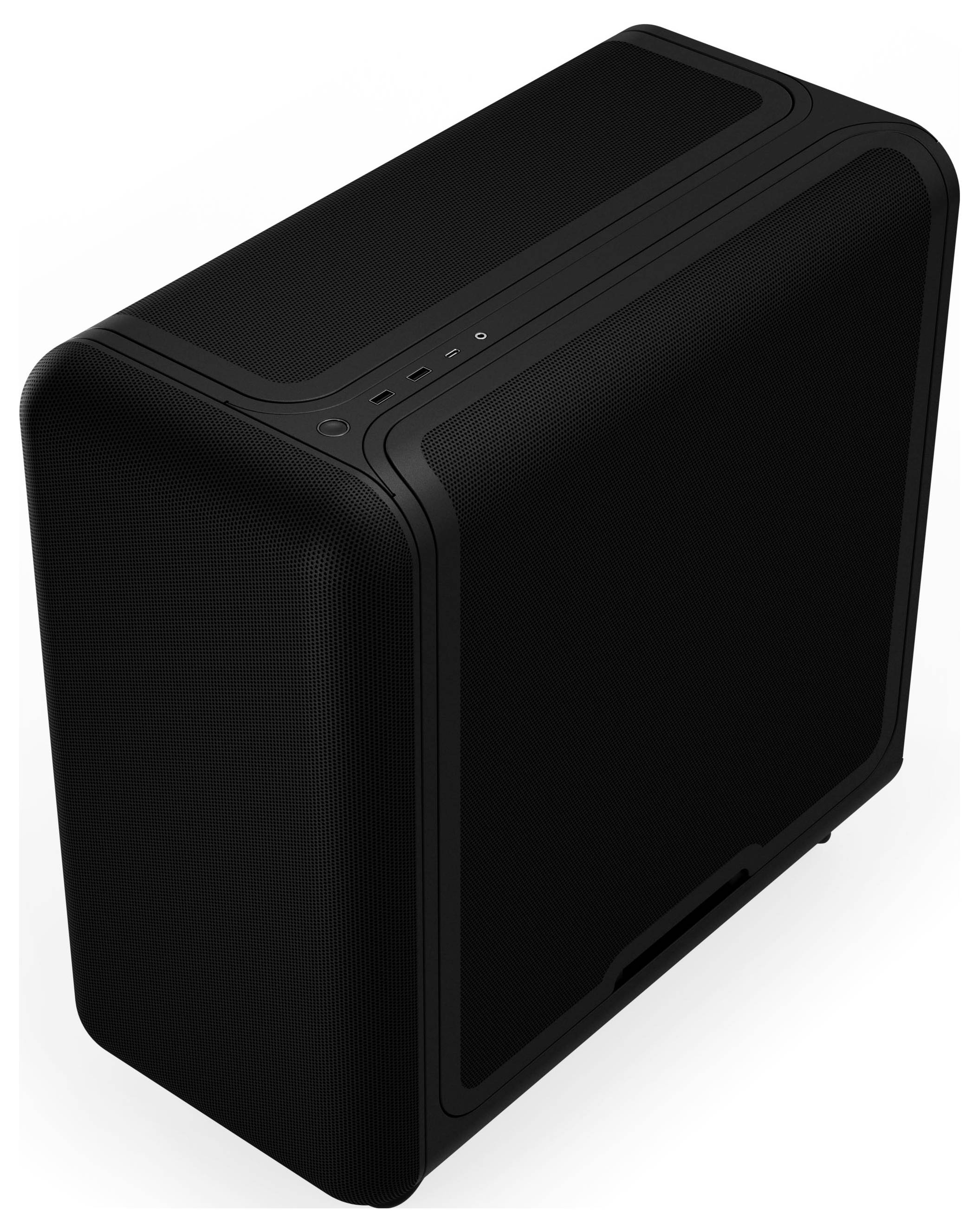 Ein schlanker, schwarzer kabelloser Lautsprecher mit Steuertasten oben, mit minimalistischem Design und abgerundeten Kanten, geeignet für die moderne Heimnutzung.