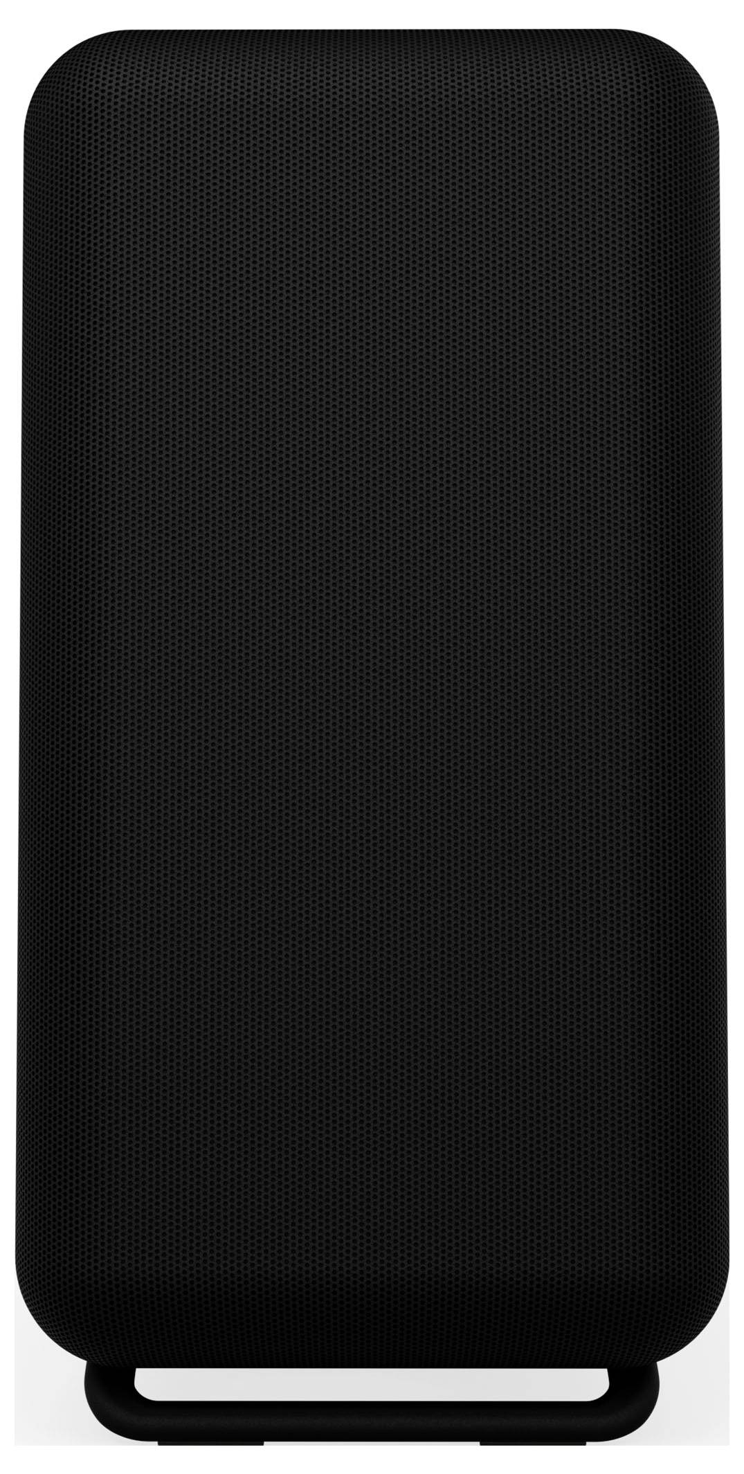 Ein großer, schwarzer, rechteckiger kabelloser Lautsprecher mit strukturierter Vorderseite und abgerundeten Kanten, entwickelt für moderne Heimaudio-Unterhaltung.