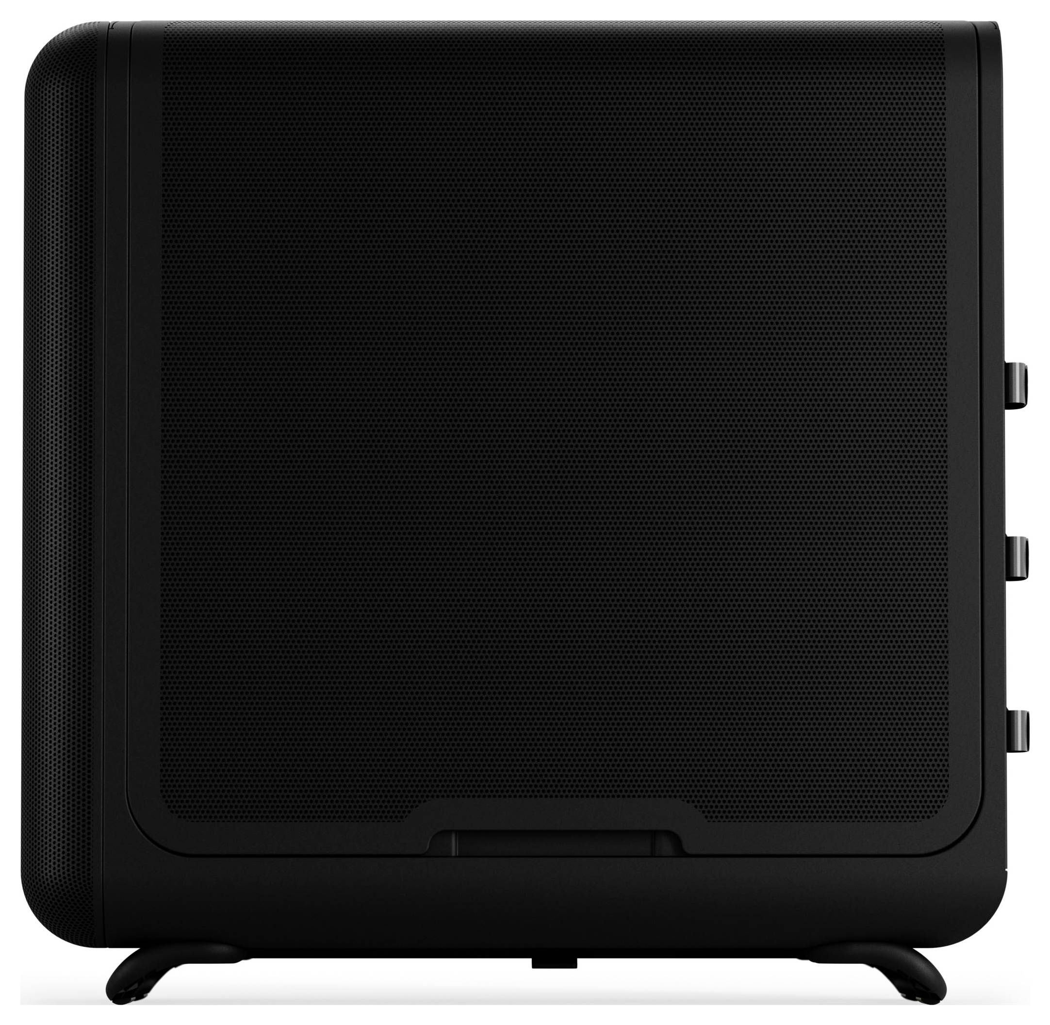 Ein elegantes schwarzes Computergehäuse mit minimalistischem Design, das glatte Kanten und Belüftung im Seitenpanel aufweist und sich für moderne Desktops eignet.