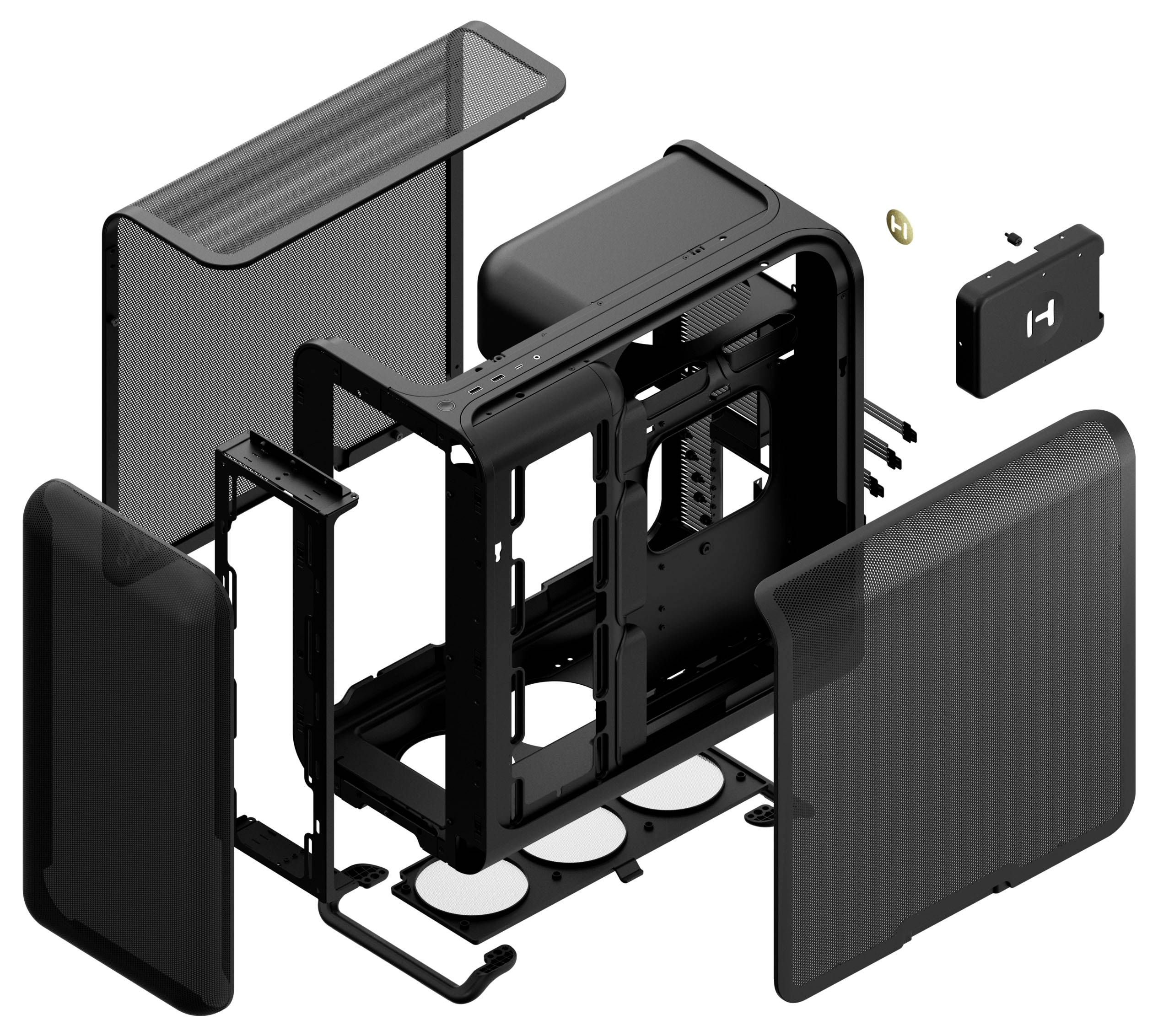„Explosionsdarstellung eines Computergehäuses mit separaten Seitenteilen, Rahmen und Komponenten, die Montageteile und Struktur veranschaulichen.