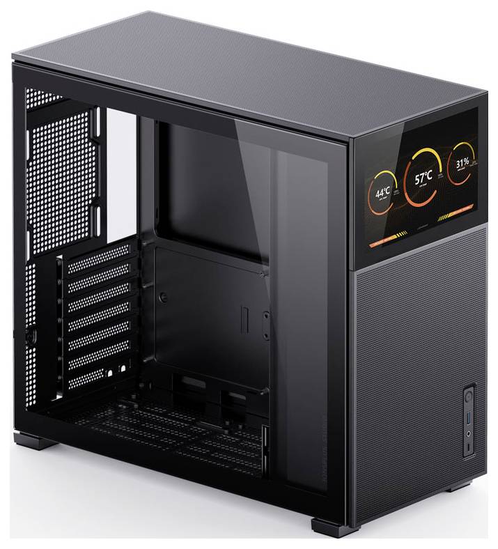 Ein Computergehäuse mit einem digitalen Display, das Temperatur, CPU-Auslastung und Luftfeuchtigkeit anzeigt. Das Gehäuse verfügt über ein transparentes Seitenfenster.