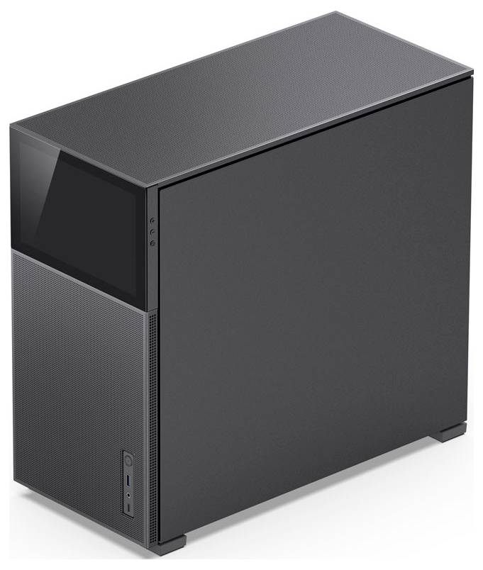 Ein schlanker schwarzer Computer-Tower mit minimalistischem Design, ausgestattet mit matter Oberfläche und einer Frontblende mit USB-Anschlüssen und Tasten.