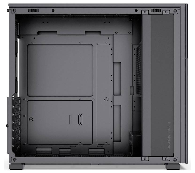 Ein Computergehäuse mit einer offenen Seitenklappe, das leere Einschübe für Laufwerke und Komponenten zeigt. Das Innenleben ist minimalistisch mit einer dunklen Oberfläche.