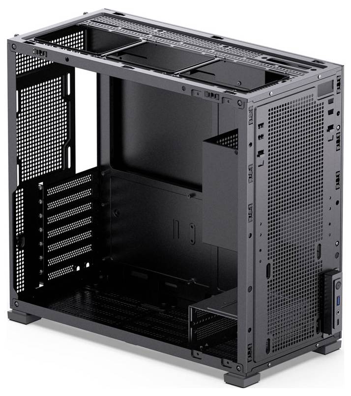 Ein schwarzer Computergehäuserahmen mit Meshpaneelen und Schlitzen für Komponenten wie Netzteil und Mainboard, offen und leer.