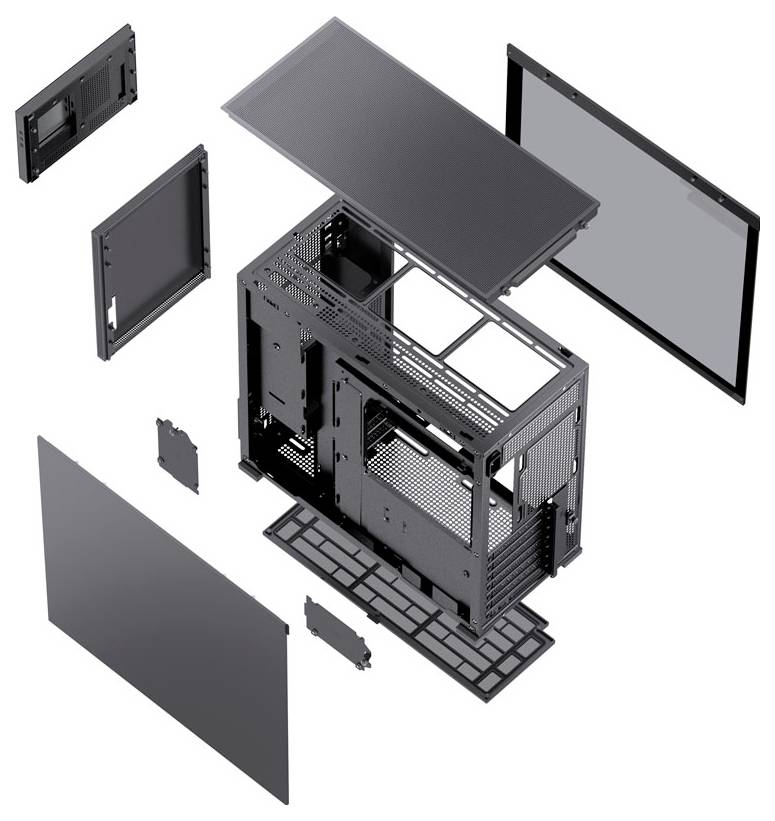 Explosionszeichnung eines Computergehäuses mit detaillierten Komponenten, einschließlich Rahmen, Seitenplatten, Deckel und internen Bauteilen.