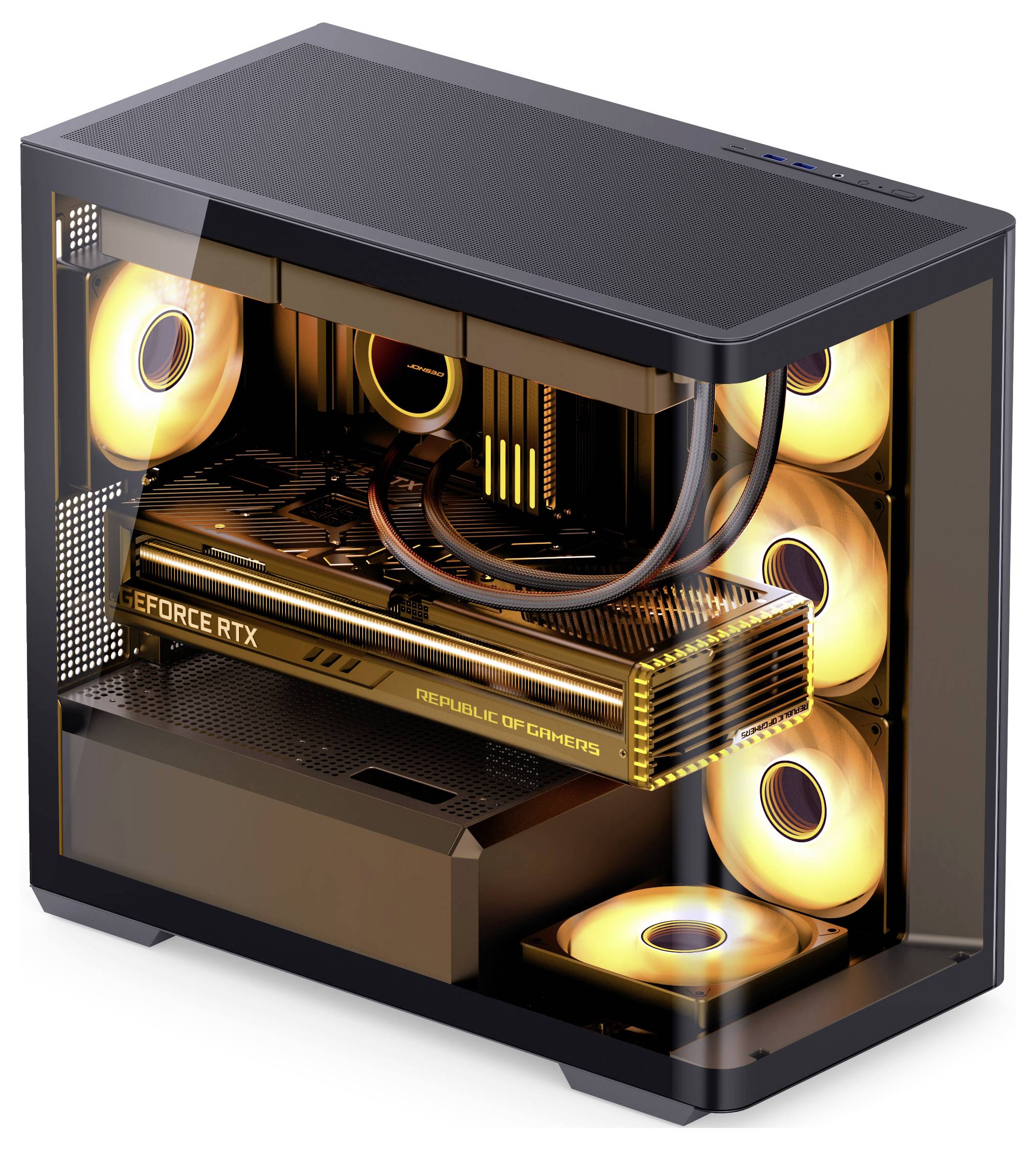 Ein Gaming-PC mit transparenten Seitenscheiben gibt einen beleuchteten GeForce RTX Grafikprozessor und mehrere leuchtende Lüfter im Inneren preis.