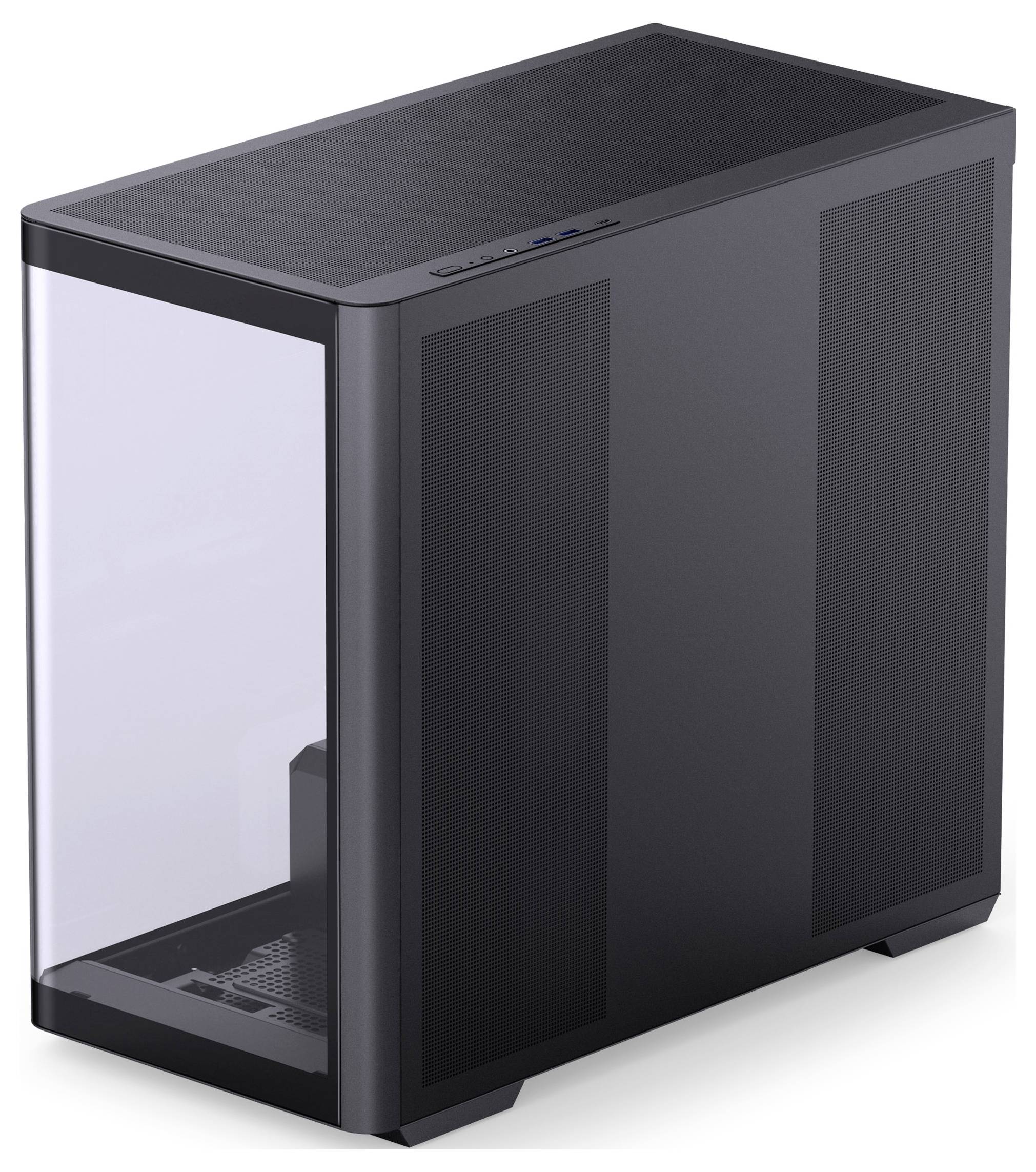 Ein schlanker schwarzer Computergehäuse mit einer transparenten Seitenscheibe, das den Innenraum für Hardware präsentiert, steht auf einem weißen Hintergrund.