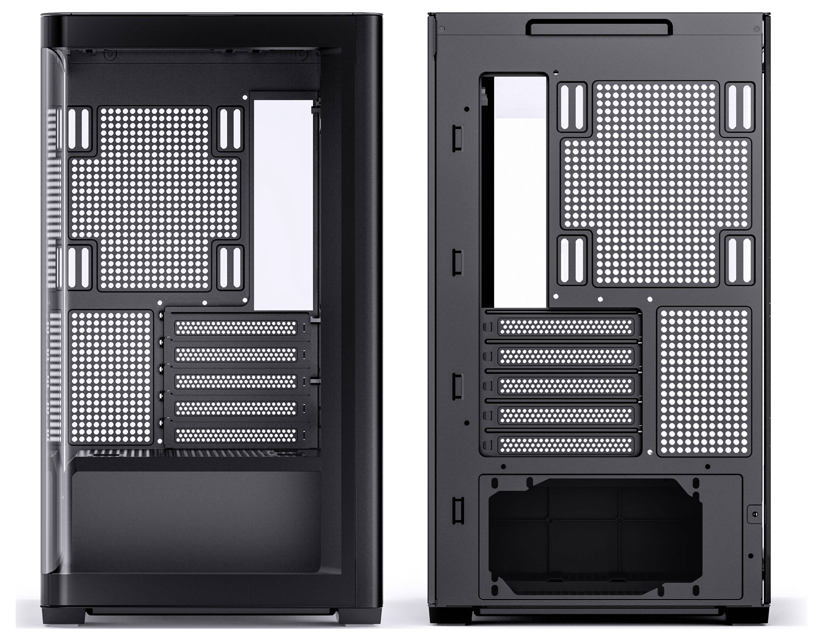 Zwei schwarze Computergehäuse, nebeneinander, die verschiedene Perspektiven zeigen. Beide verfügen über Mesh-Panels zur Belüftung und mehrere Erweiterungssteckplätze.
