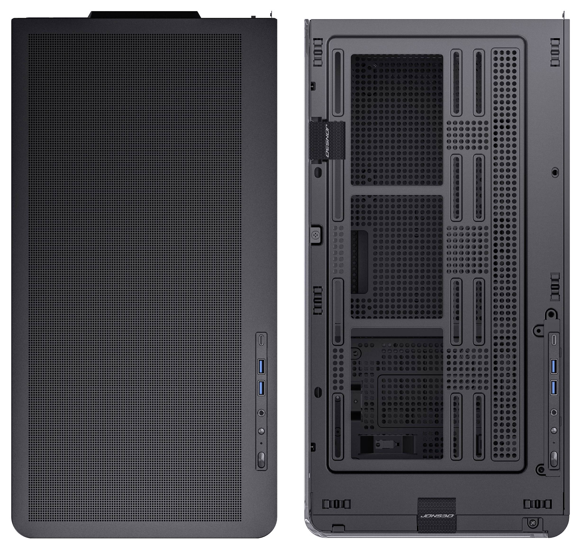 Tower-PC-Gehäuse, Draufsicht und Seitenansicht, mit Belüftungsgittern und USB-Anschlüssen. Seitenpanel entfernt, um die Anordnung der internen Komponenten zu zeigen.