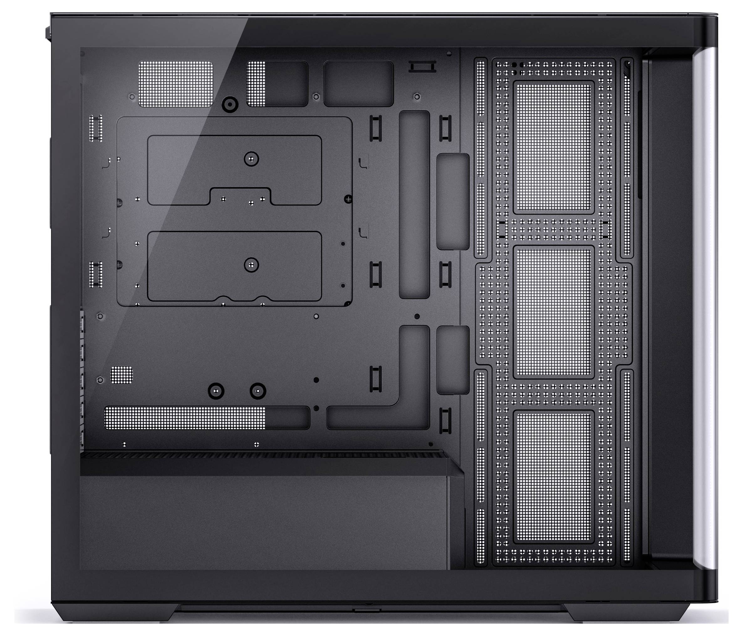 Ein Computergehäuse mit einem transparenten Seitenfenster. Das Innere ist leer und zeigt Plätze für Komponenten wie ein Mainboard und Lüfter.