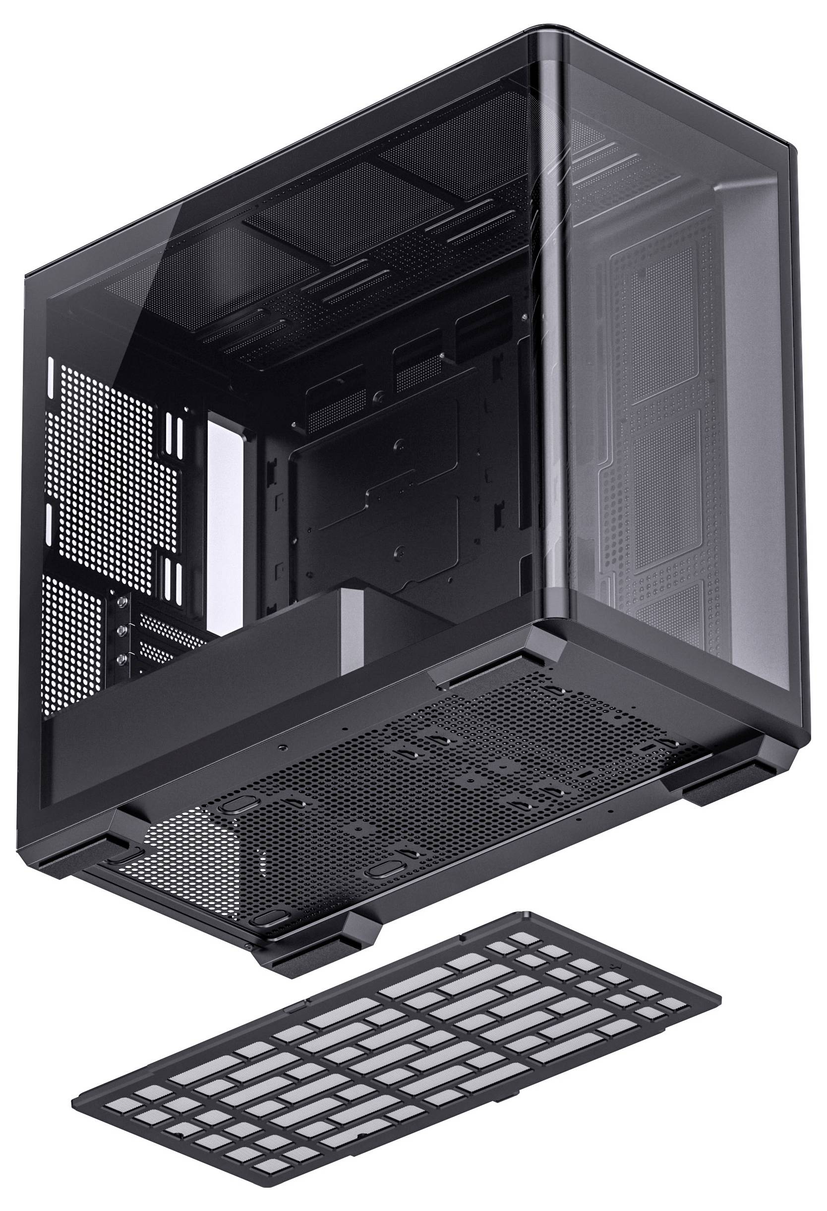 Ein grauer Computergehäuse mit einem transparenten Seitenpanel, das einen geräumigen Innenraum offenbart. Darunter befindet sich ein abnehmbarer Filter.