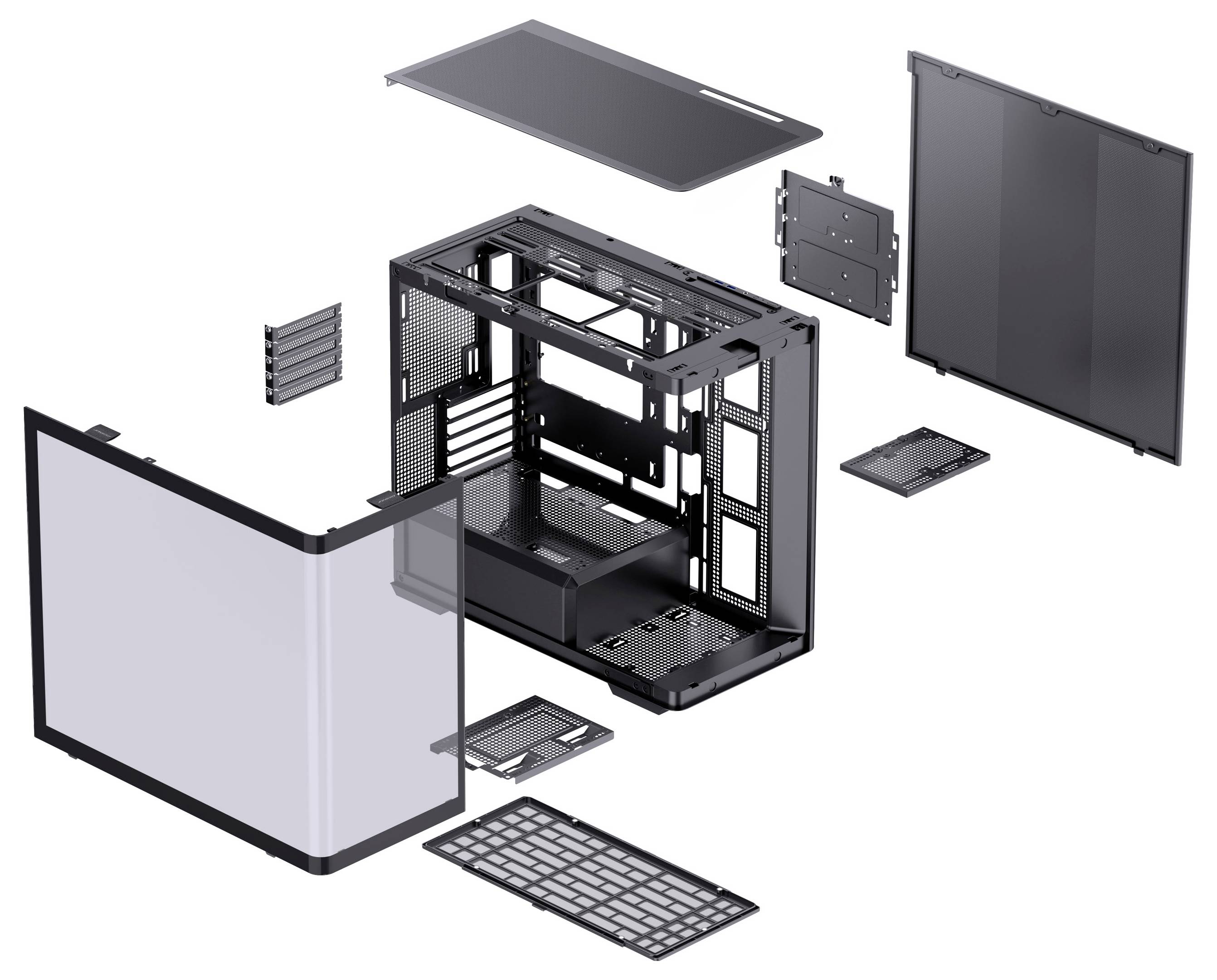 Explosionszeichnung eines Computergehäuses mit Panels und Komponenten wie Rahmen, Seitenpanels, Lüftungsabdeckung und abgenommenen Montageplatte.