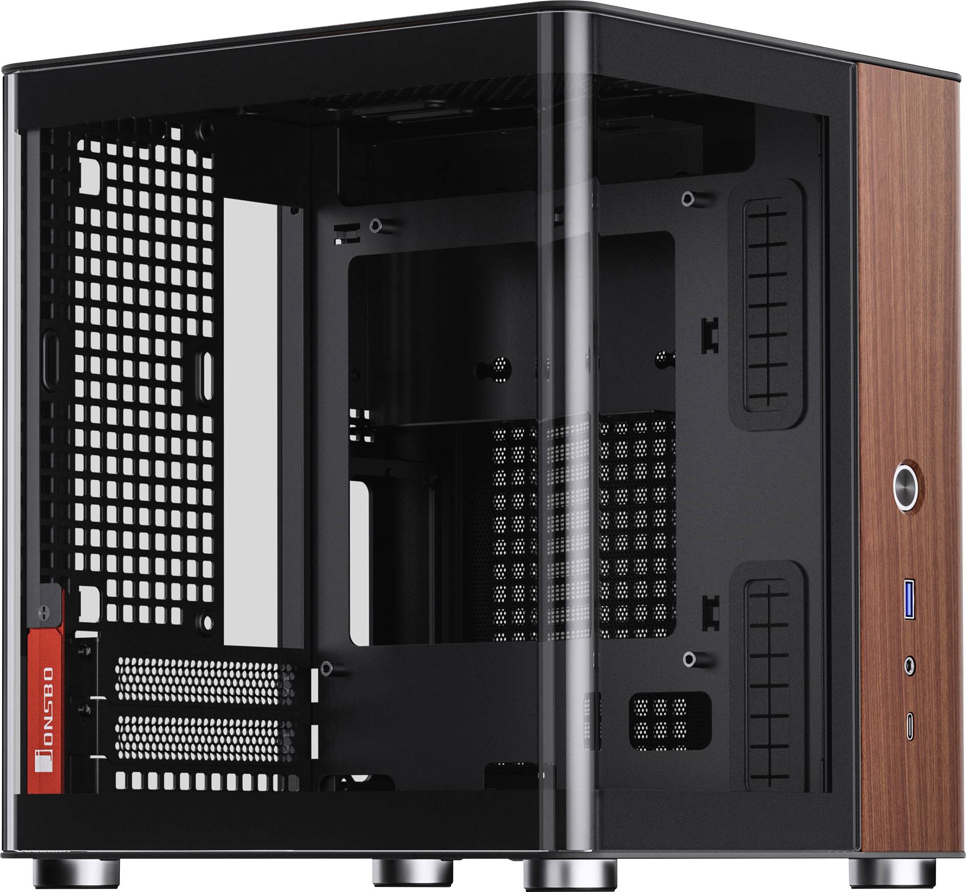 Kompaktes schwarzes Computergehäuse mit Holzmaserung und durchsichtiger Seitenscheibe, das die interne Struktur für individuelle PC-Builds präsentiert.