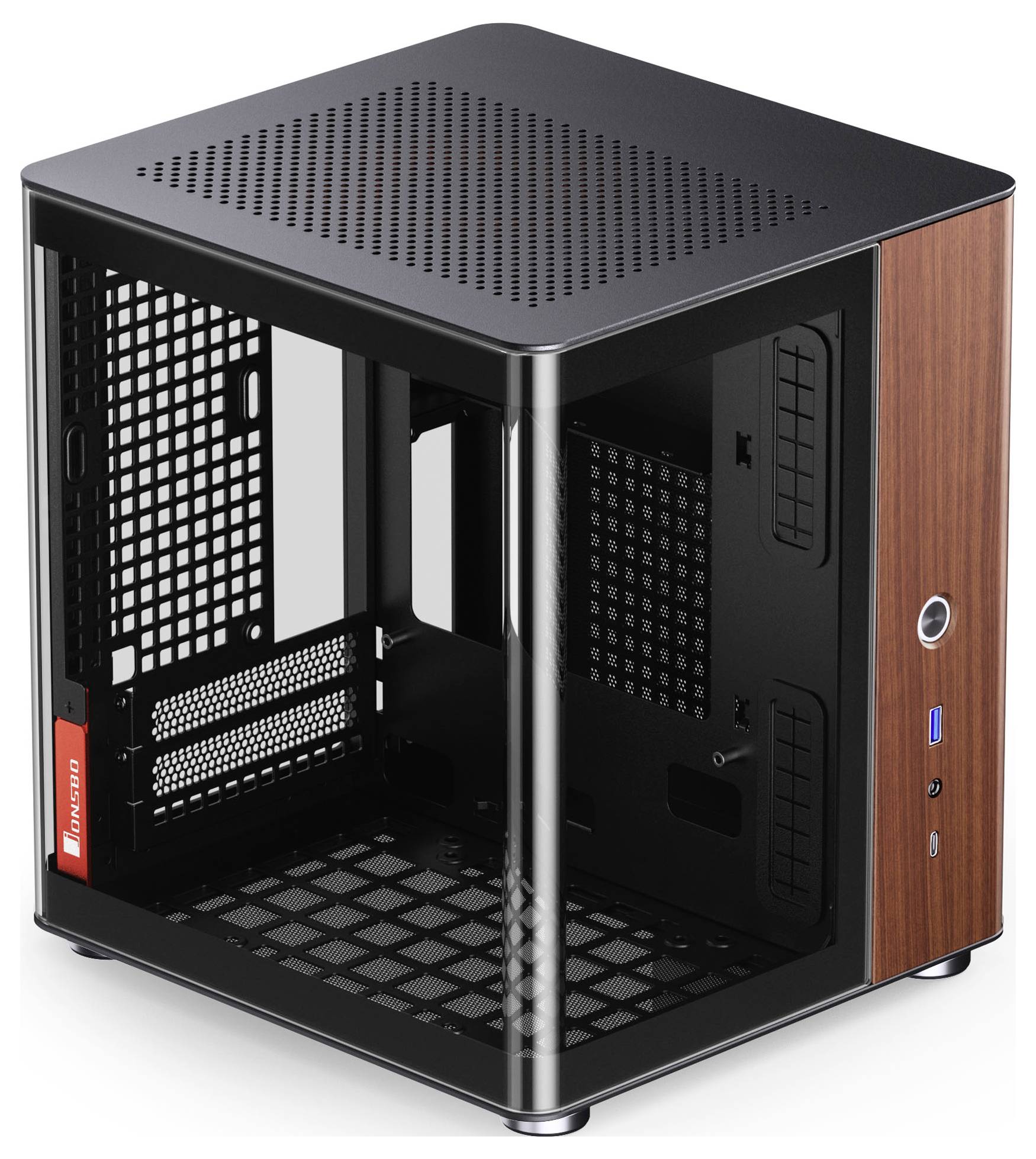 Ein kompaktes Computergehäuse mit Würfeldesign, versehen mit einer schwarzen Metall- und Holzpaneelverkleidung. Es verfügt über Anschlüsse und einen offenen Rahmen für Komponenten.