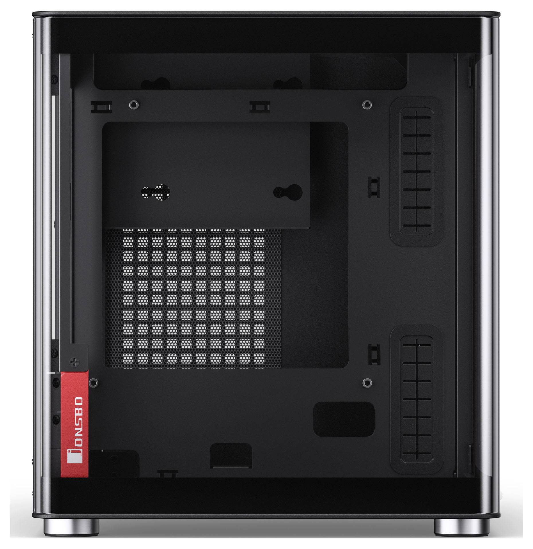 Ein Computergehäuse mit einem transparenten Seitenpanel, das einen klaren Blick ins Innere ermöglicht und verschiedene Konfigurationen und Komponenten unterstützt.