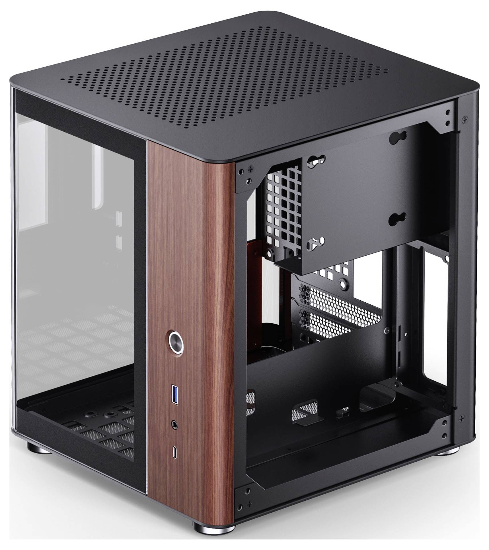 Ein schwarzes Mini-ITX Computergehäuse mit Holzmaserung, versehen mit einem Netzgitter auf der Oberseite und einem großen Seitenfenster, das sein leeres Innenleben und die vorderen Anschlüsse zeigt.