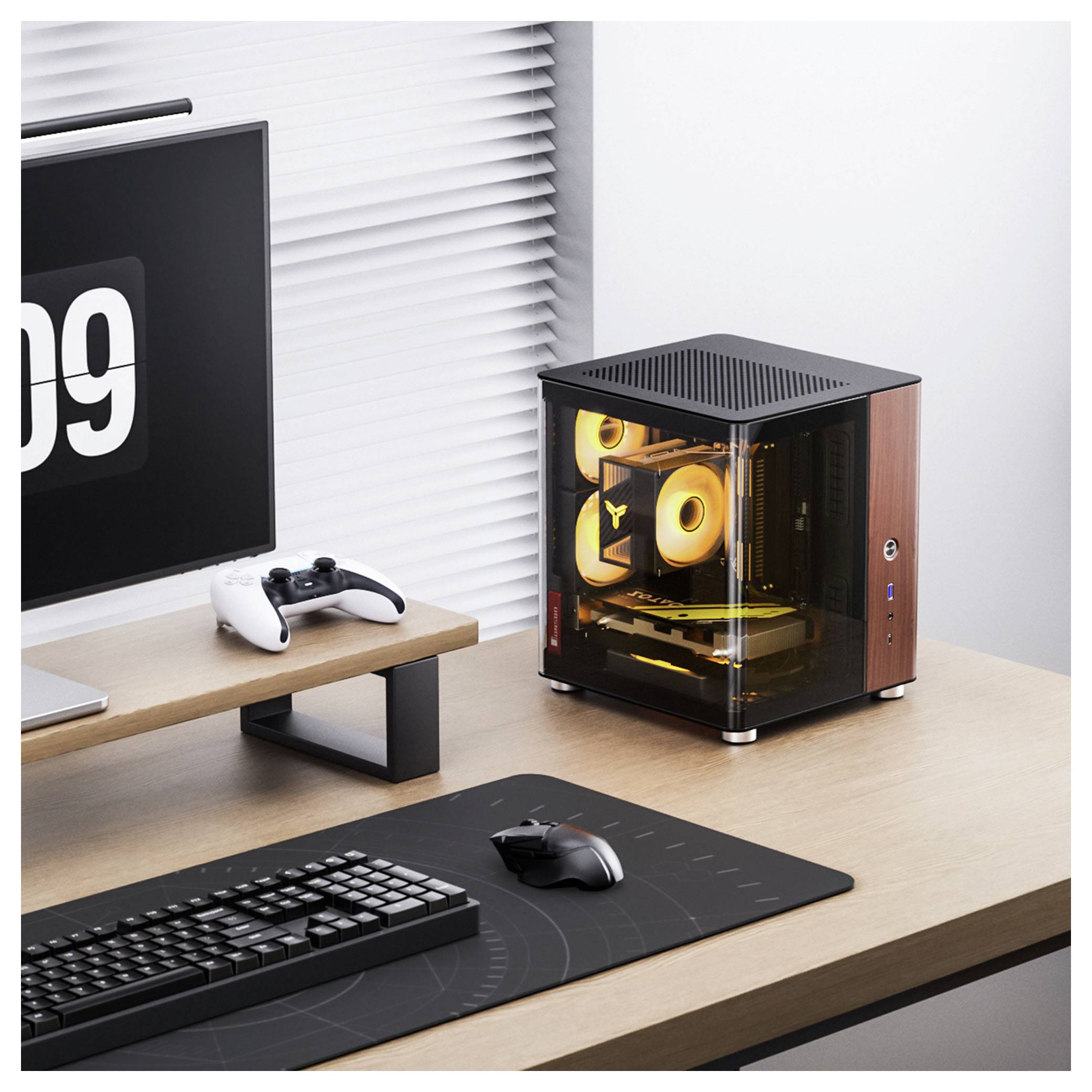 Eine Computereinrichtung mit einem Monitor, der ‚09' anzeigt, einer mechanischen Tastatur, einer Maus, einem Controller und einem kleinen Desktop-PC mit leuchtenden Komponenten.