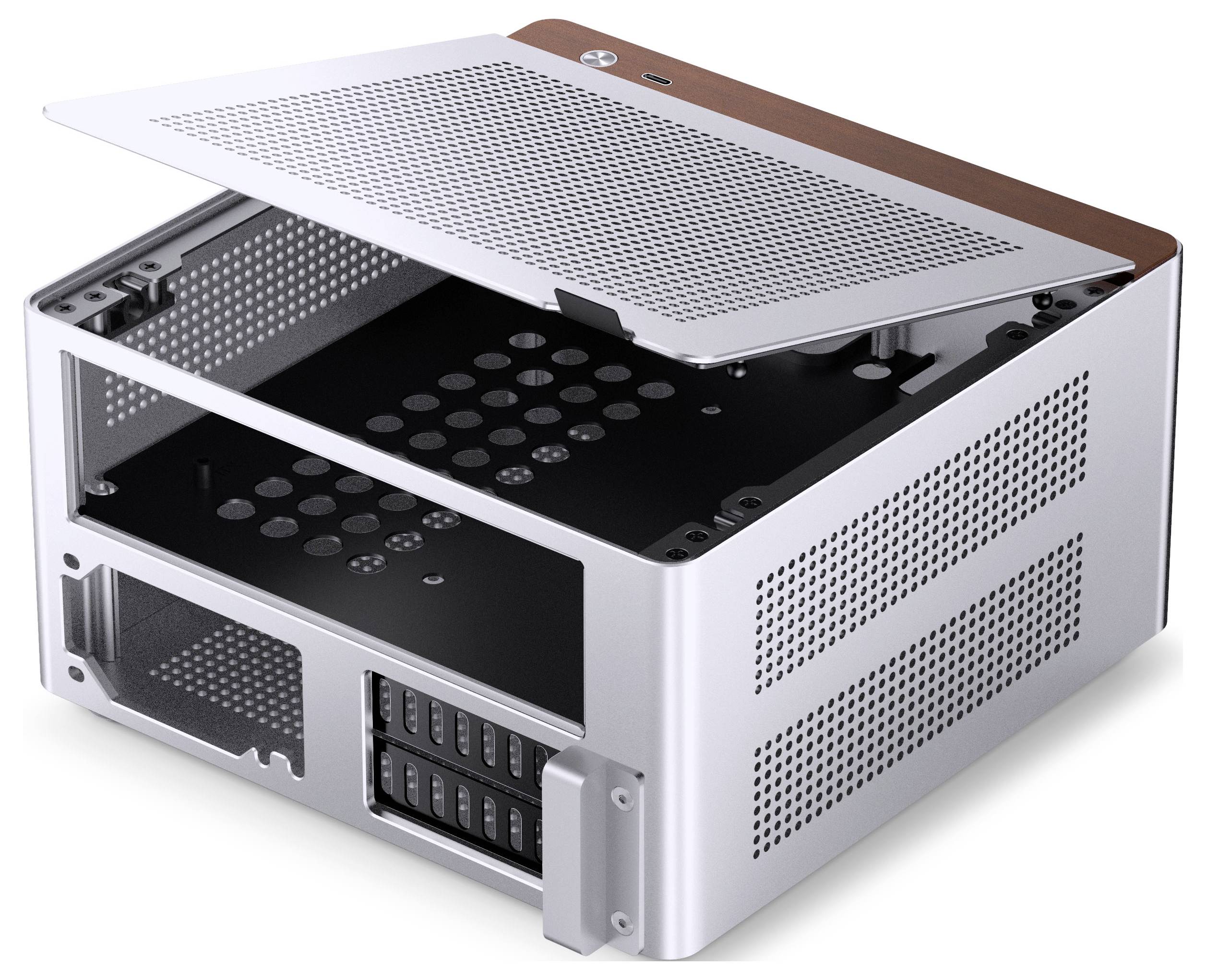 Ein silberner Computergehäuse, teilweise geöffnet, mit sichtbaren internen Steckplätzen und Lüftungslöchern, geeignet zum Einbau von Computerkomponenten.