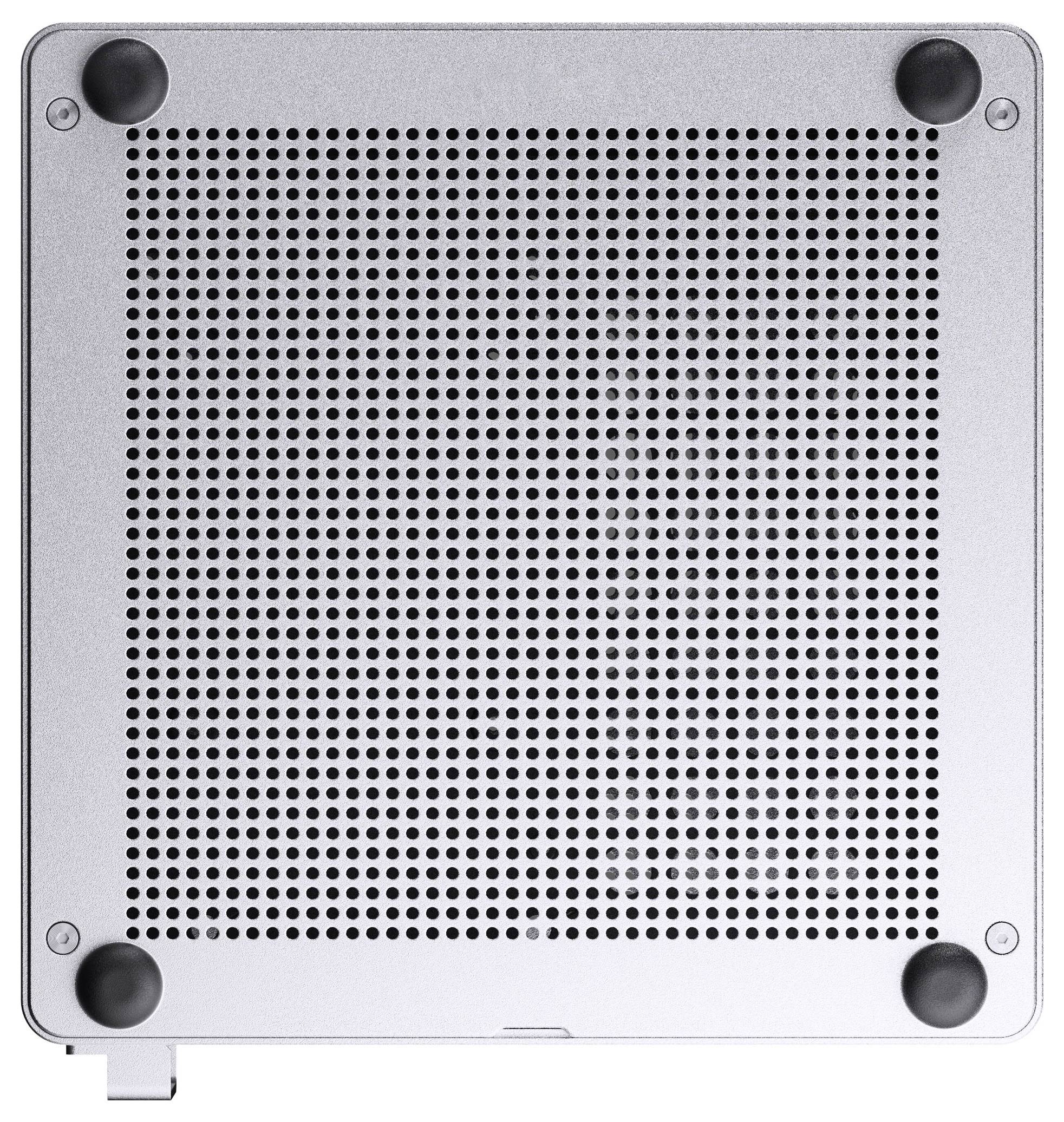 Das Bild zeigt die Unterseite eines Metallgeräts mit einem durchlöcherten Gittermuster und vier schwarzen Gummifüßen an den Ecken für Stabilität.