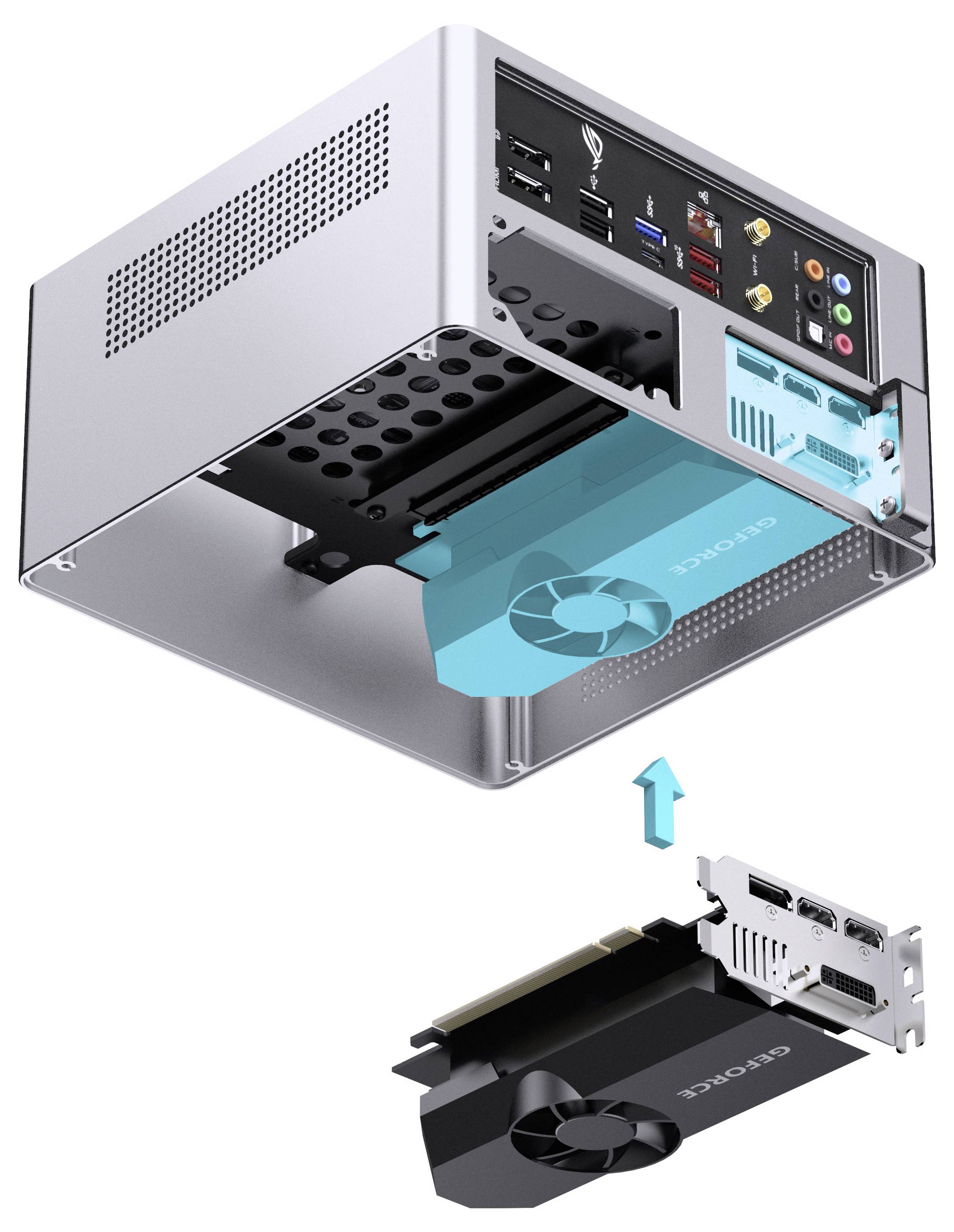 Es wird ein Computergehäuse gezeigt, das einen Einbaubereich für eine Grafikkarte aufweist, die separat dargestellt ist, wobei ein Pfeil die Einsteckrichtung anzeigt.